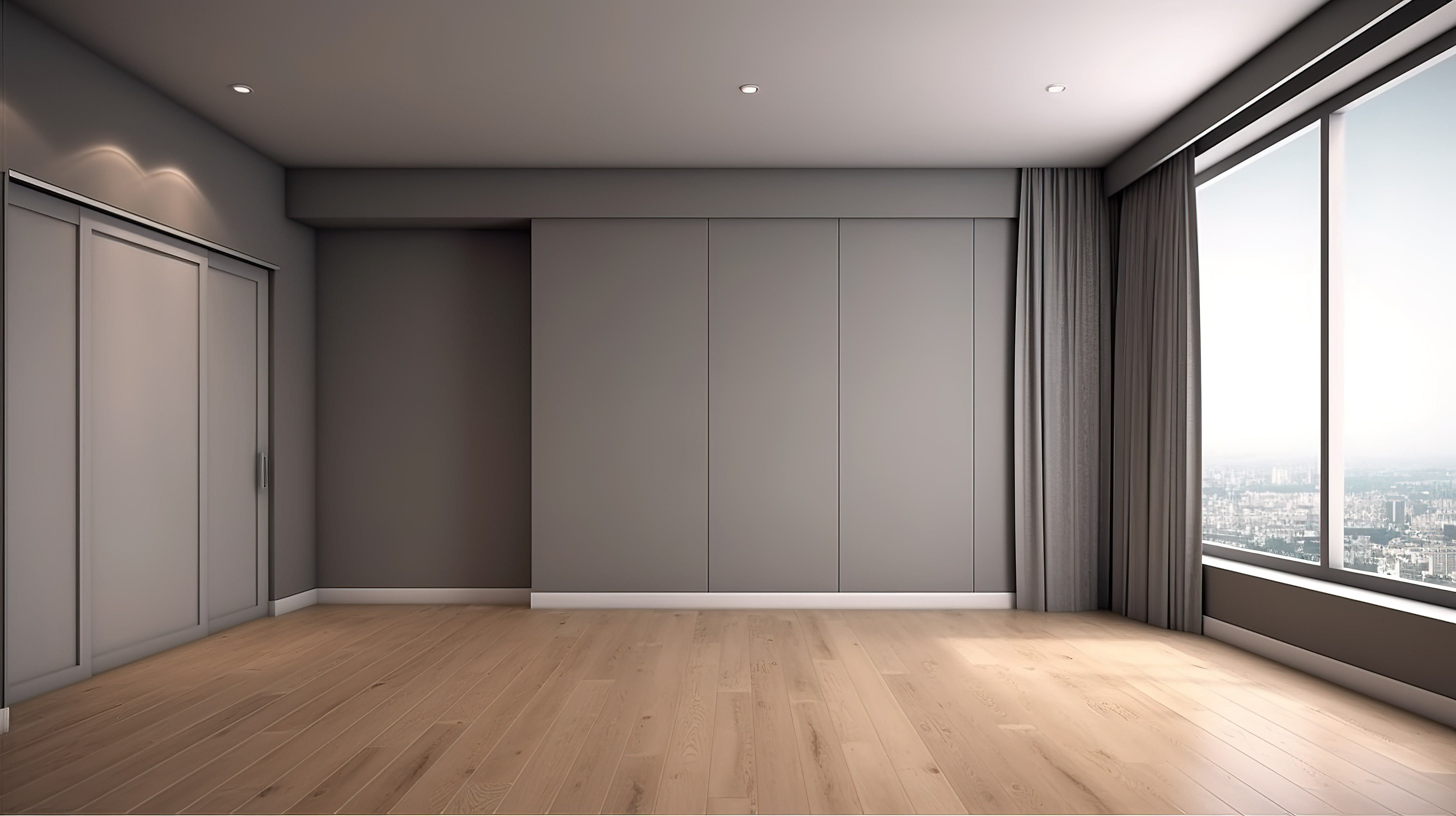 简约的卧室设计，配有灰色墙壁衣柜和白色窗帘，3D 渲染中的棕色木地板增强了效果图片