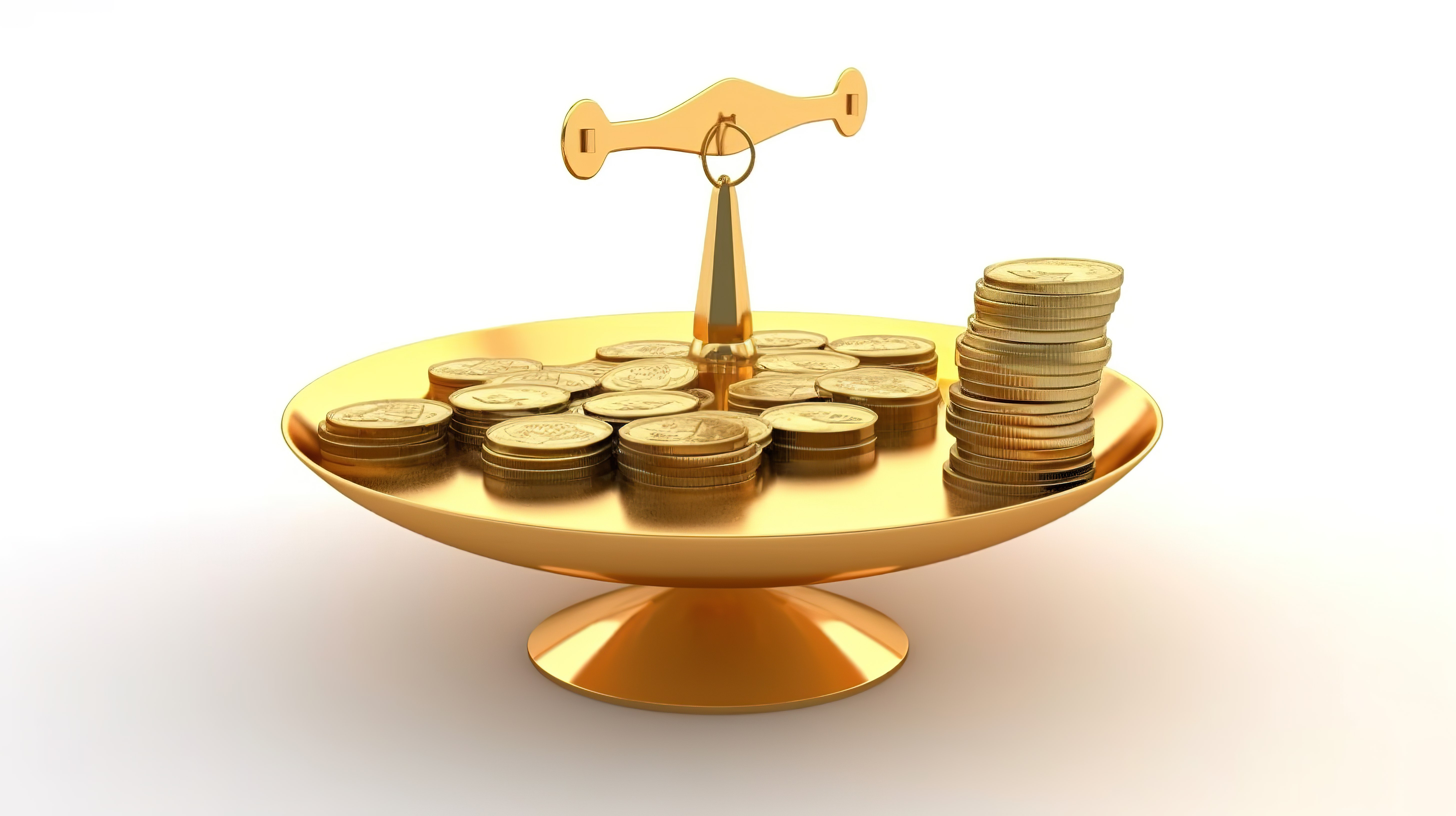 用于忠诚度计划的金色奖金硬币的 3D 渲染，在白色背景下在权重秤上平衡资金图片