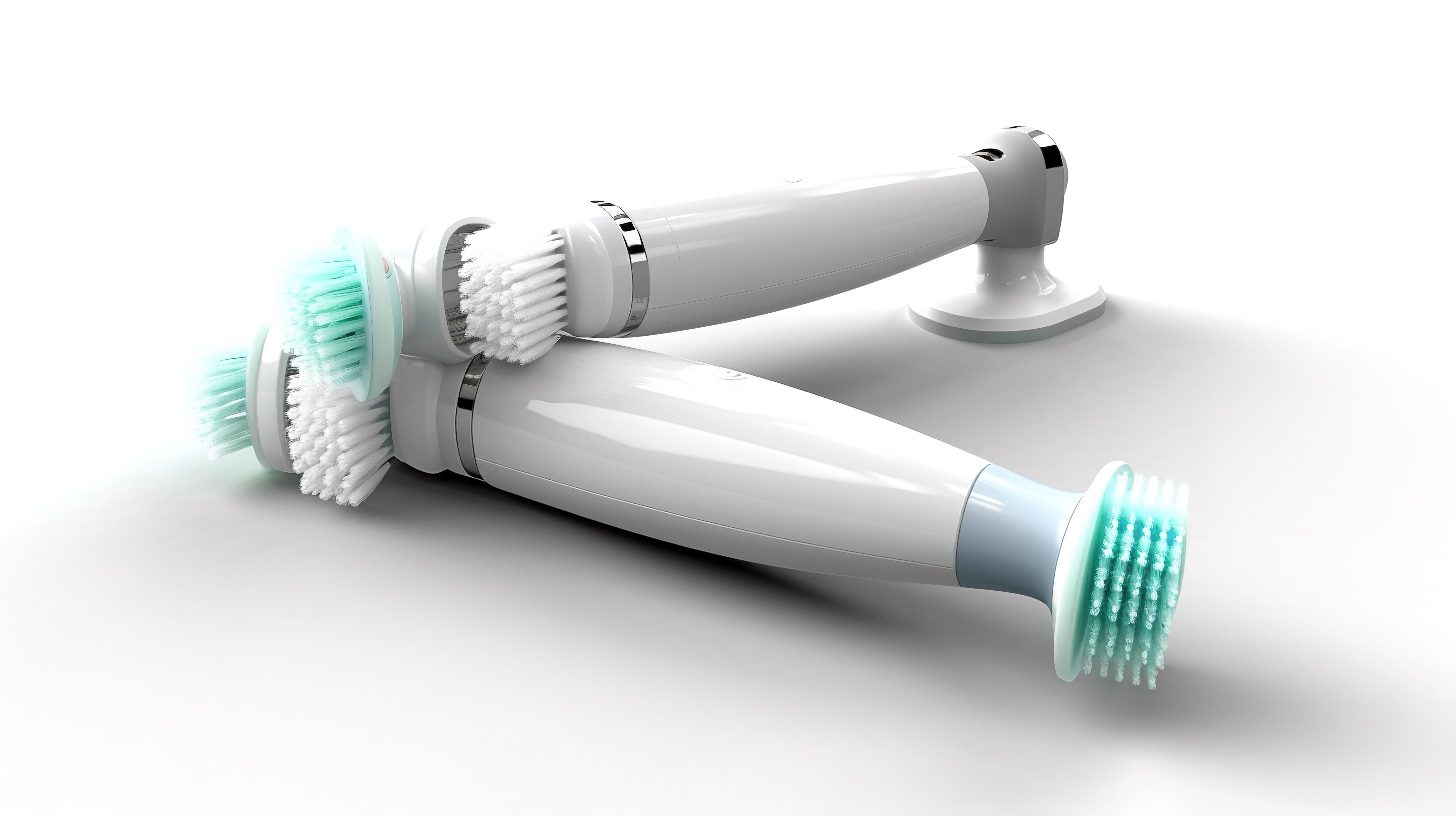 白色背景下电动牙刷和替换头的 3D 插图图片