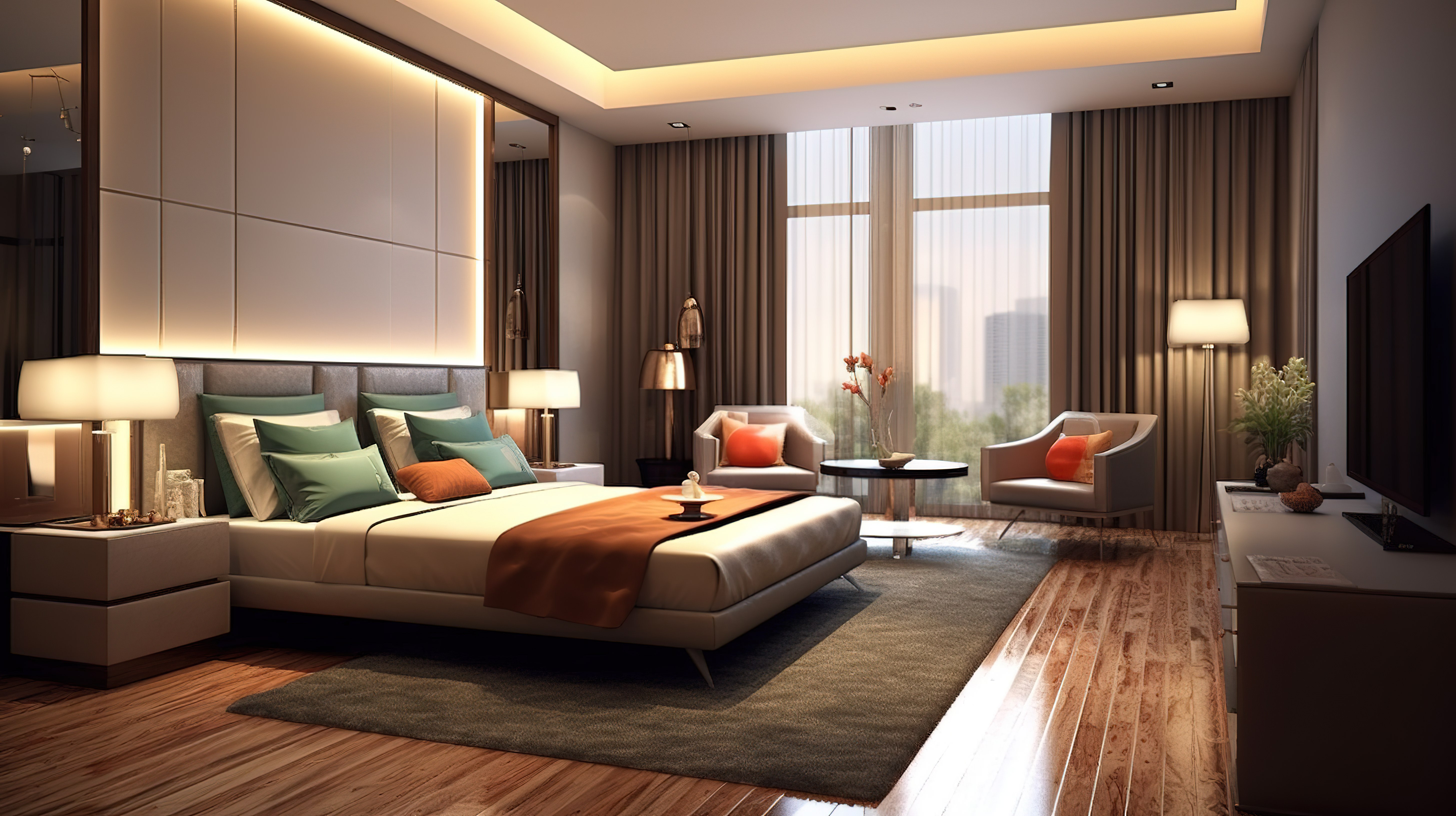 豪华新酒店客房的 3D 渲染，配有开放空间卧室和休息区图片