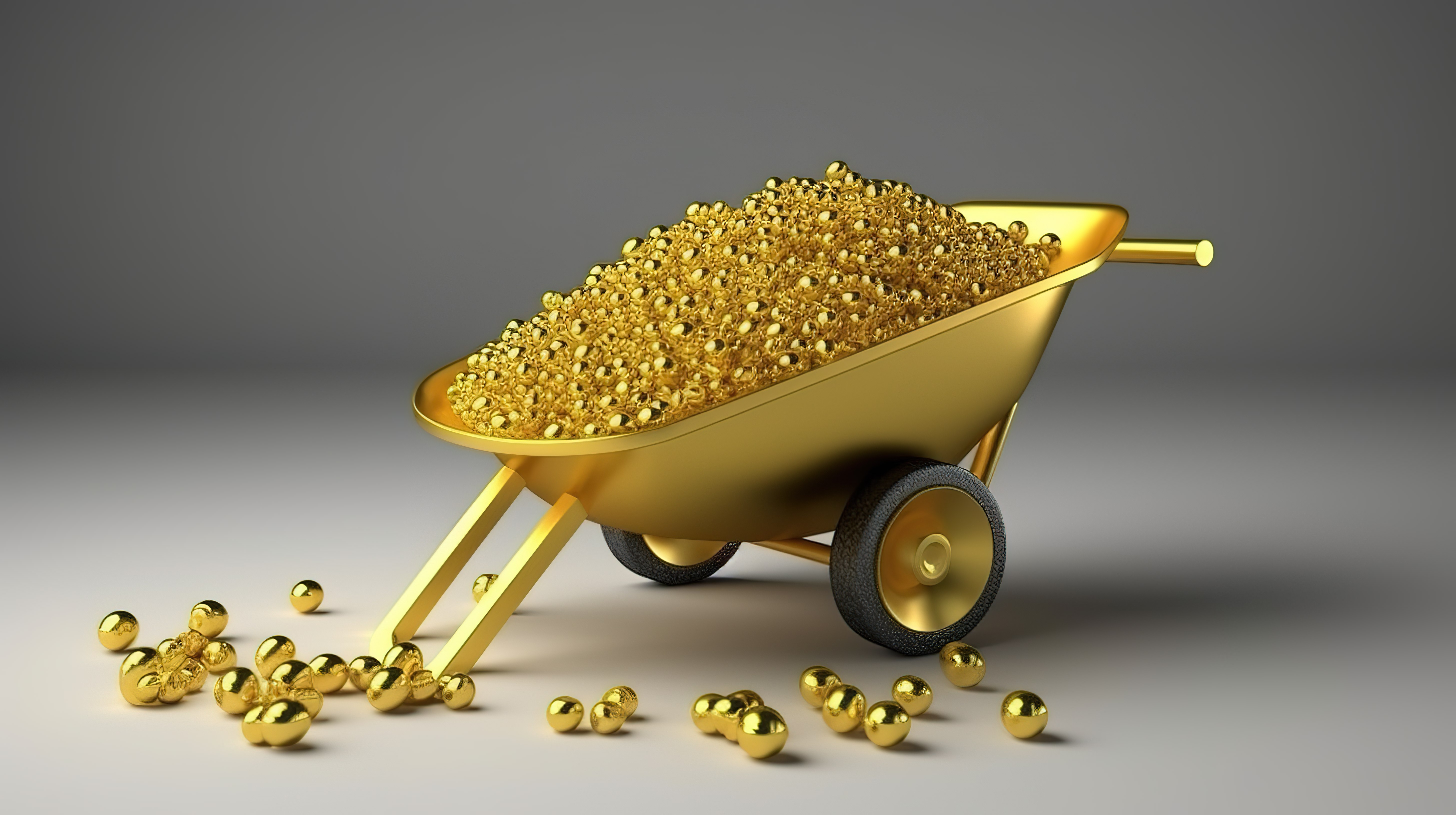黄金财富 3D 渲染装满金条的独轮车，用于园艺和建筑图片