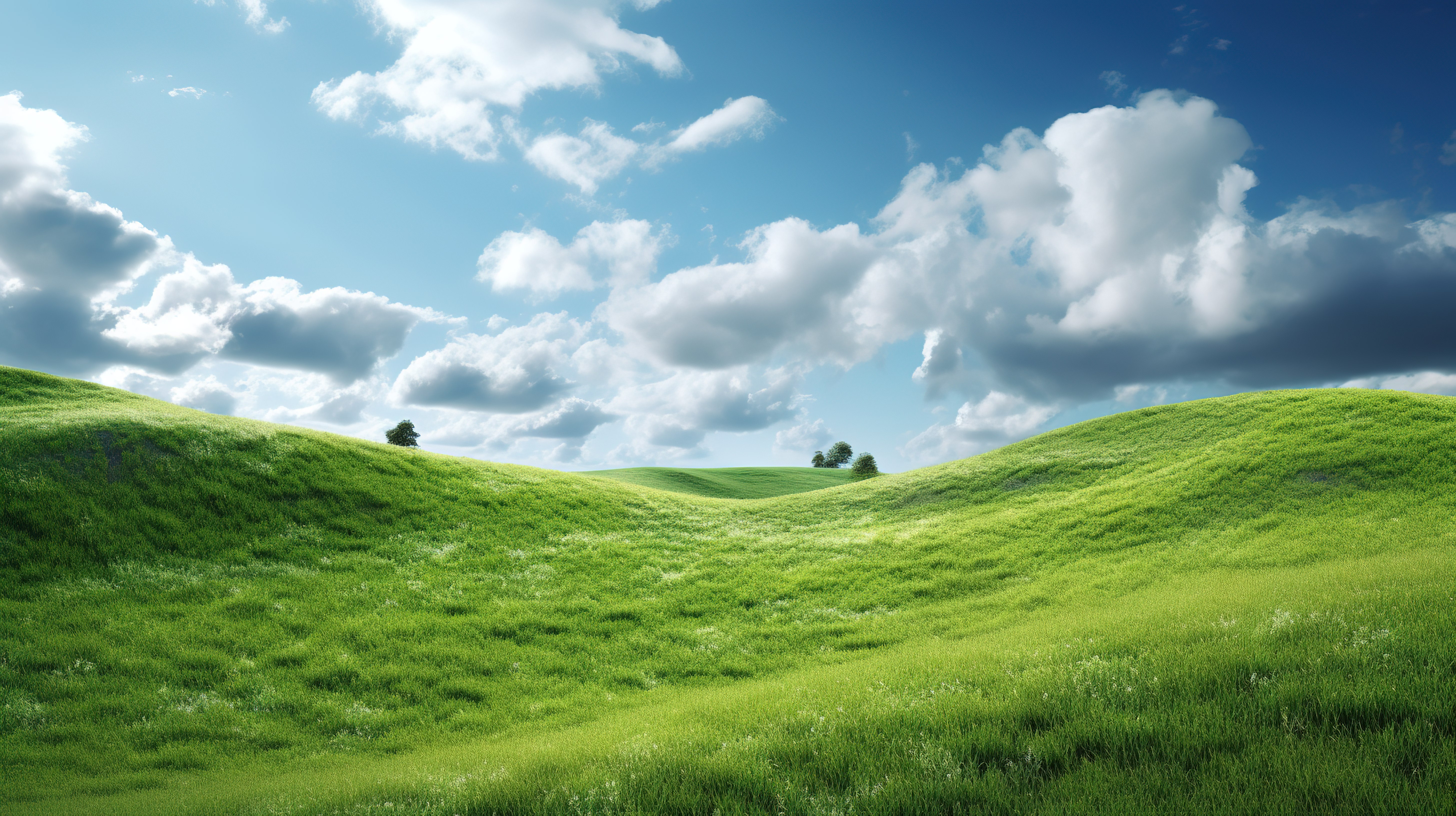 连绵起伏的山丘覆盖着郁郁葱葱的绿草，在美丽的蓝天和蓬松的云彩下3d 渲染图片