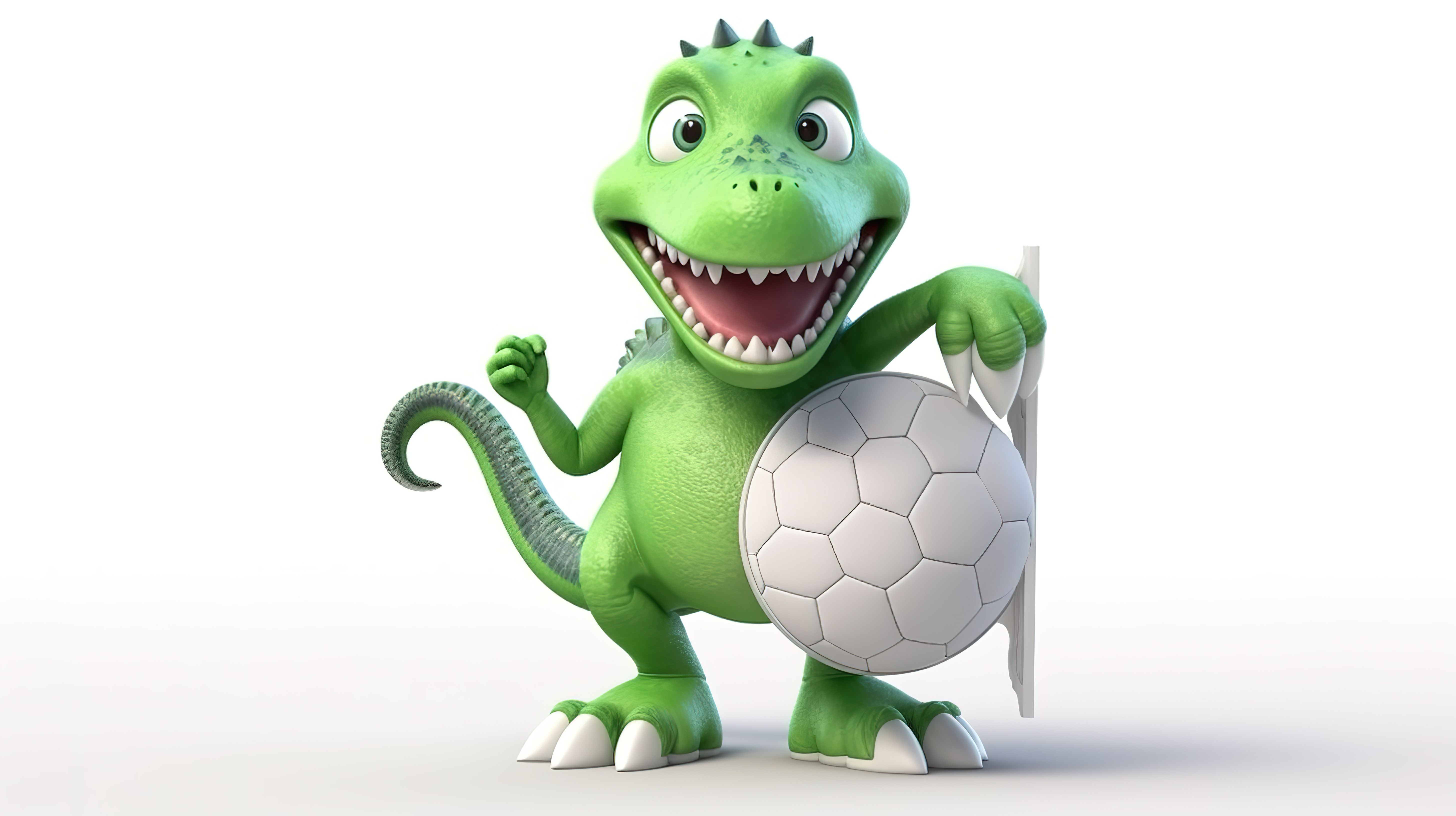 滑稽的 3D 恐龙人物，带标语牌和足球图片