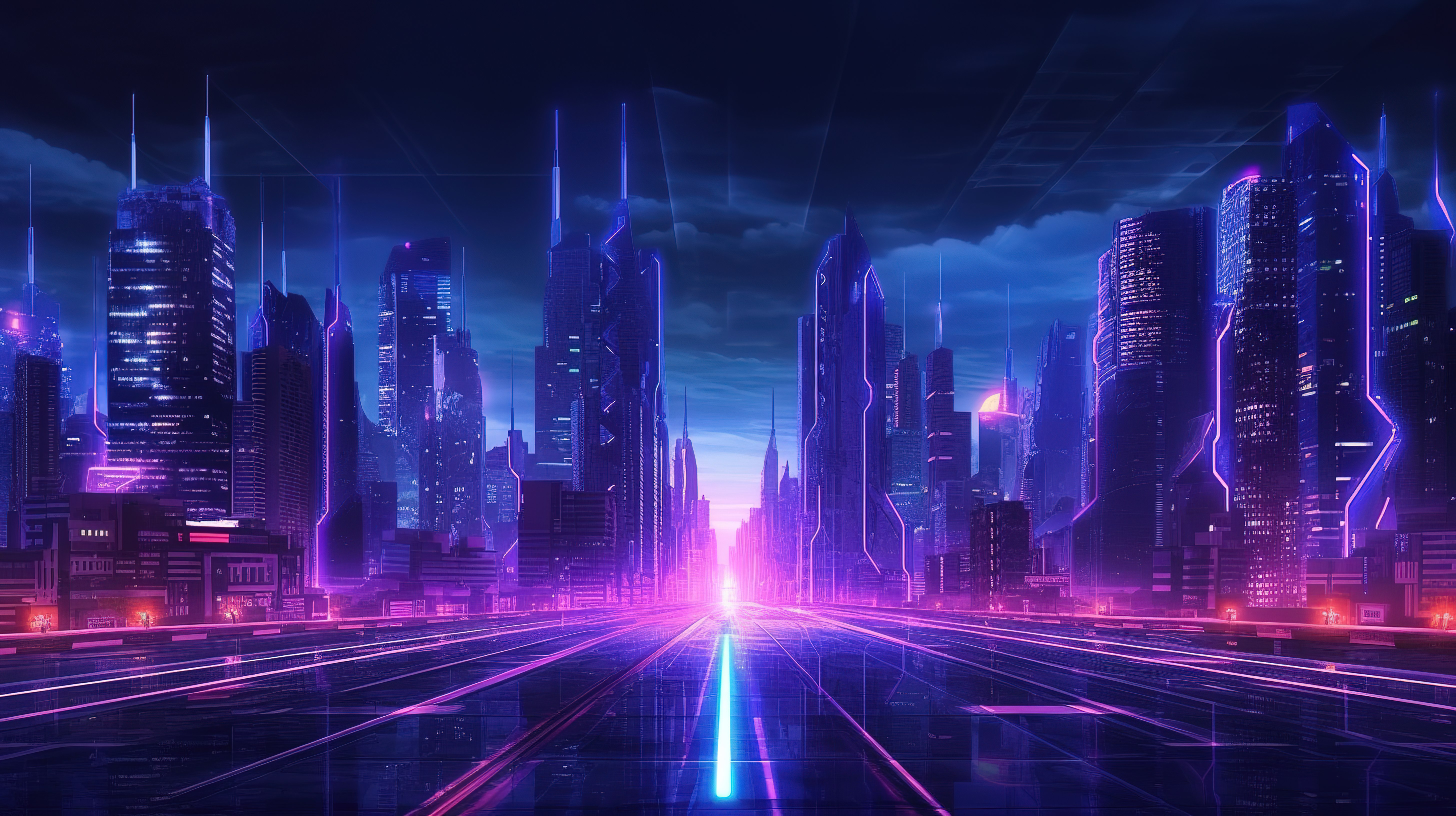 未来之城发光的紫色和蓝色霓虹灯以 3D 方式照亮赛博朋克天际线图片