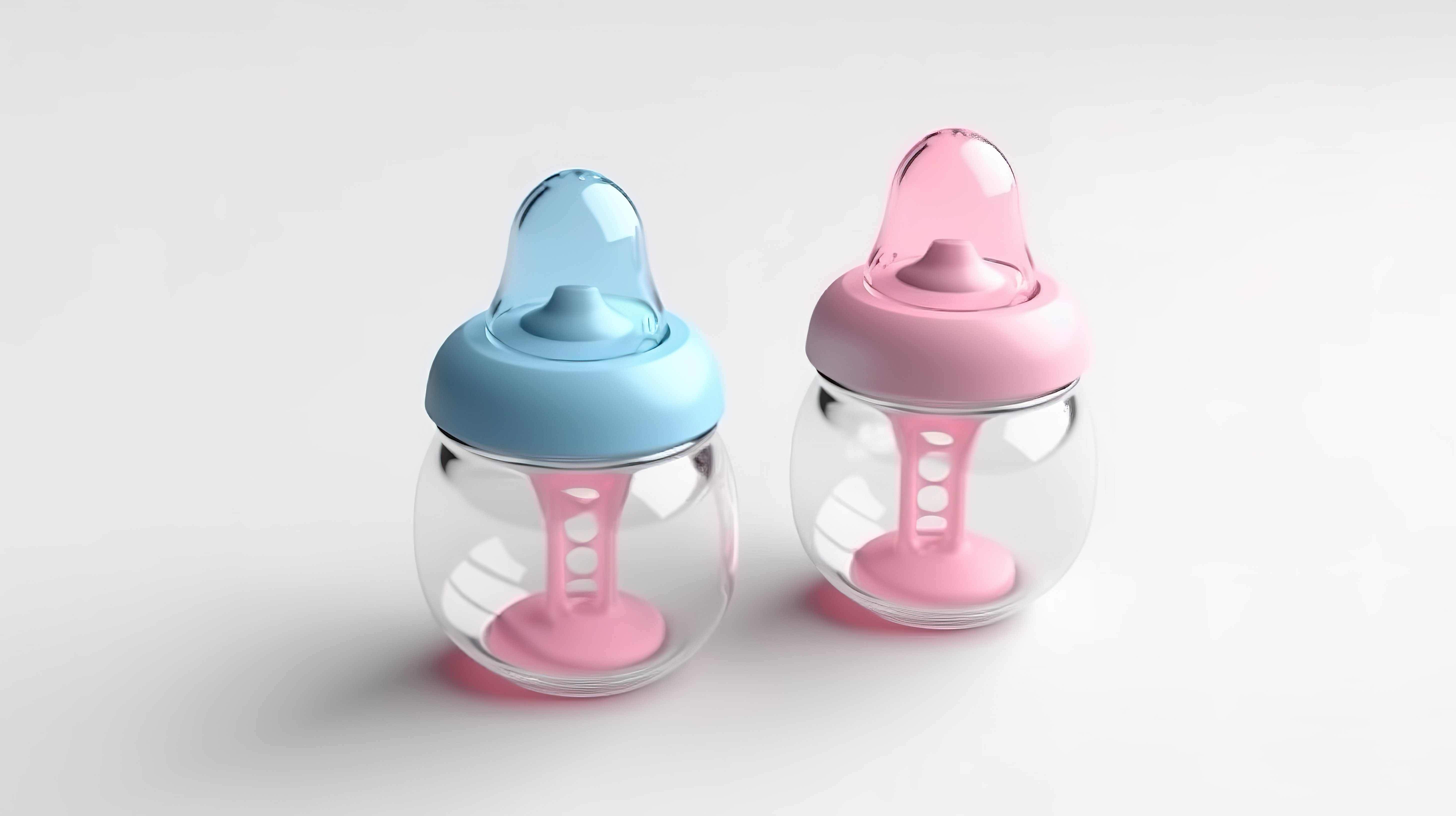 婴儿奶瓶的白色背景模型，带有盖子和奶嘴，粉红色和蓝色色调以 3D 渲染图片