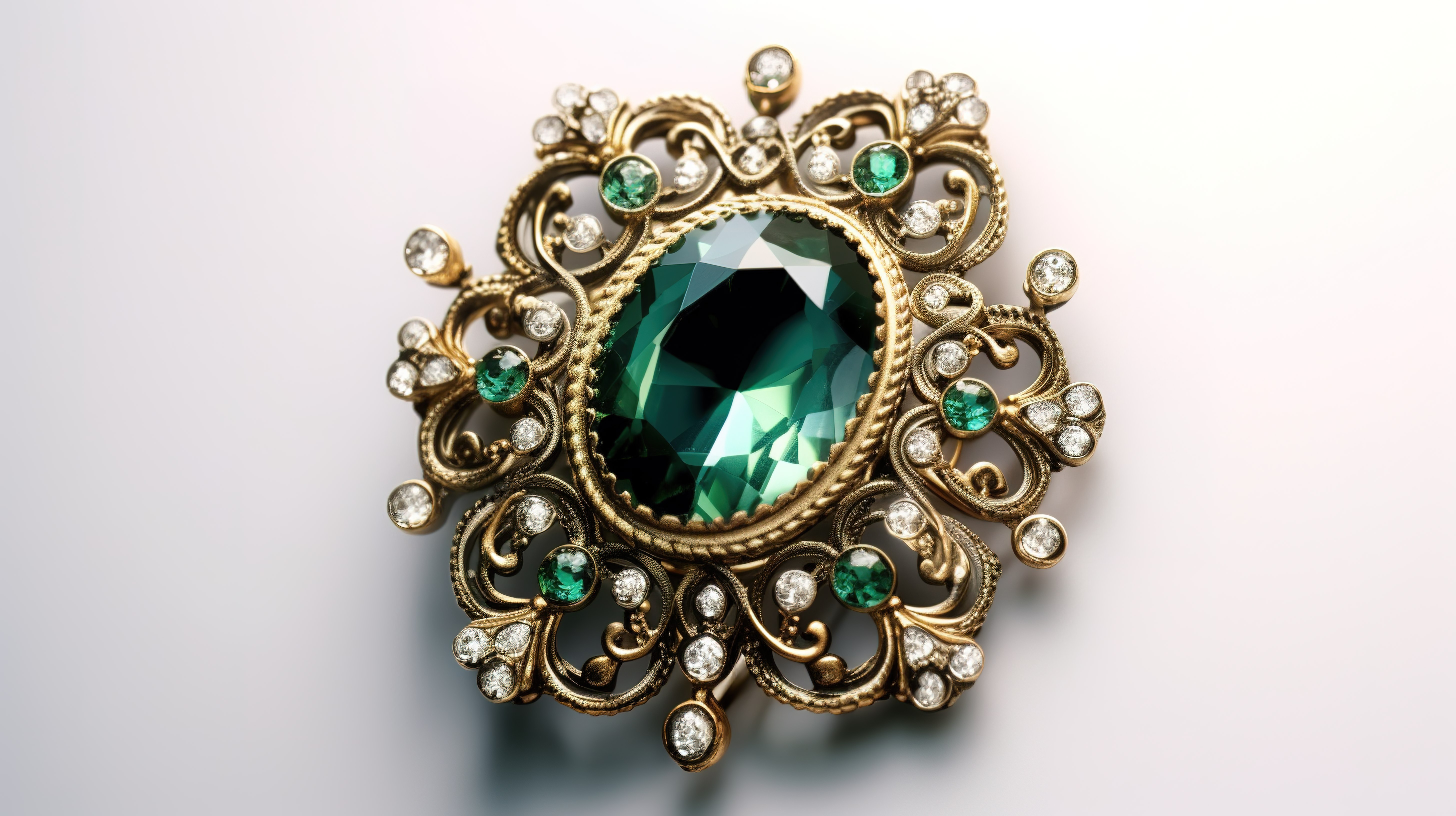 复古巴洛克胸针，配有绿色钻石宝石，白色背景上优雅的 3D 渲染图片