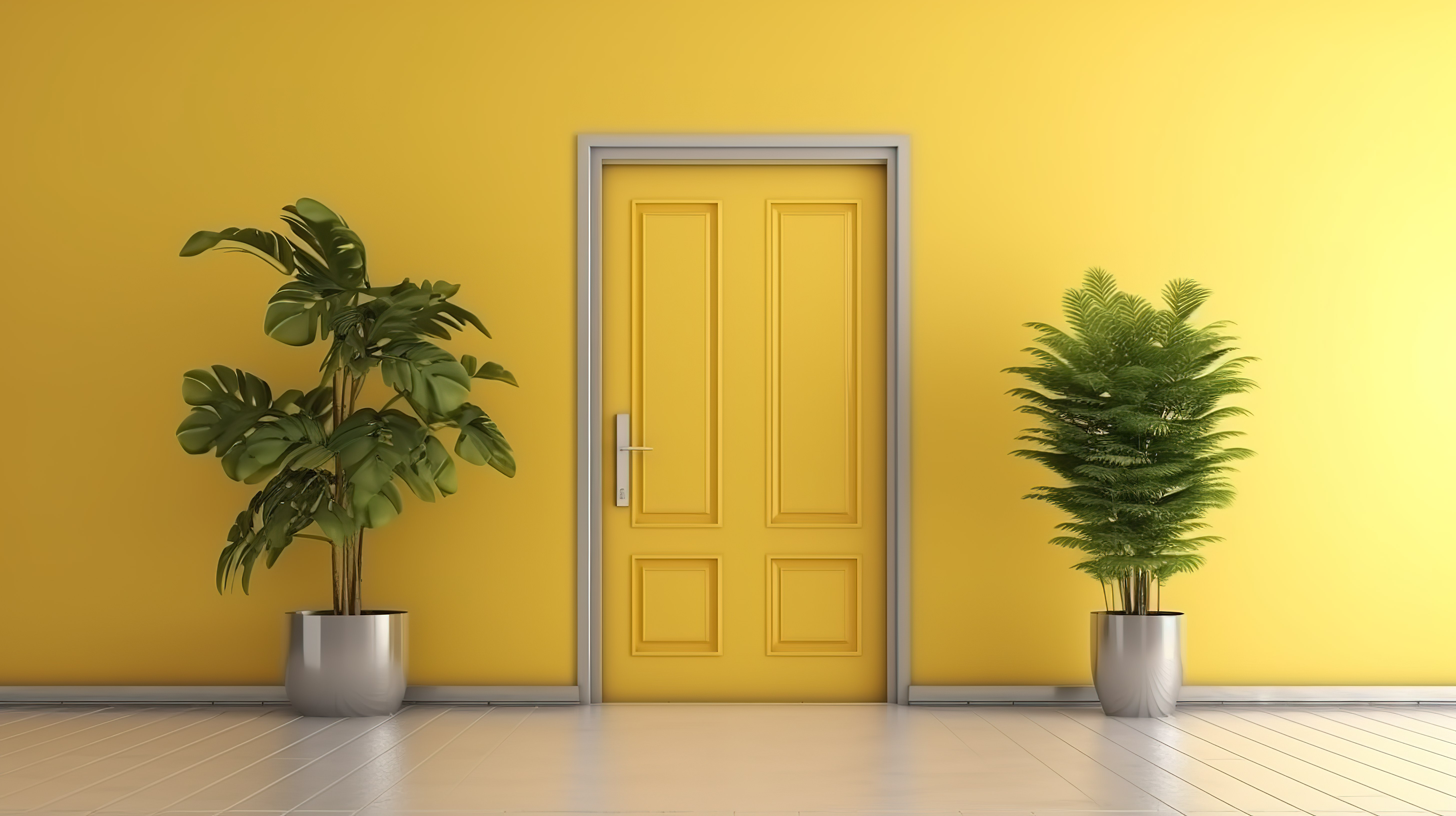 简约的生活空间，带有充满活力的黄色门口和 3D 设计的盆栽绿植图片