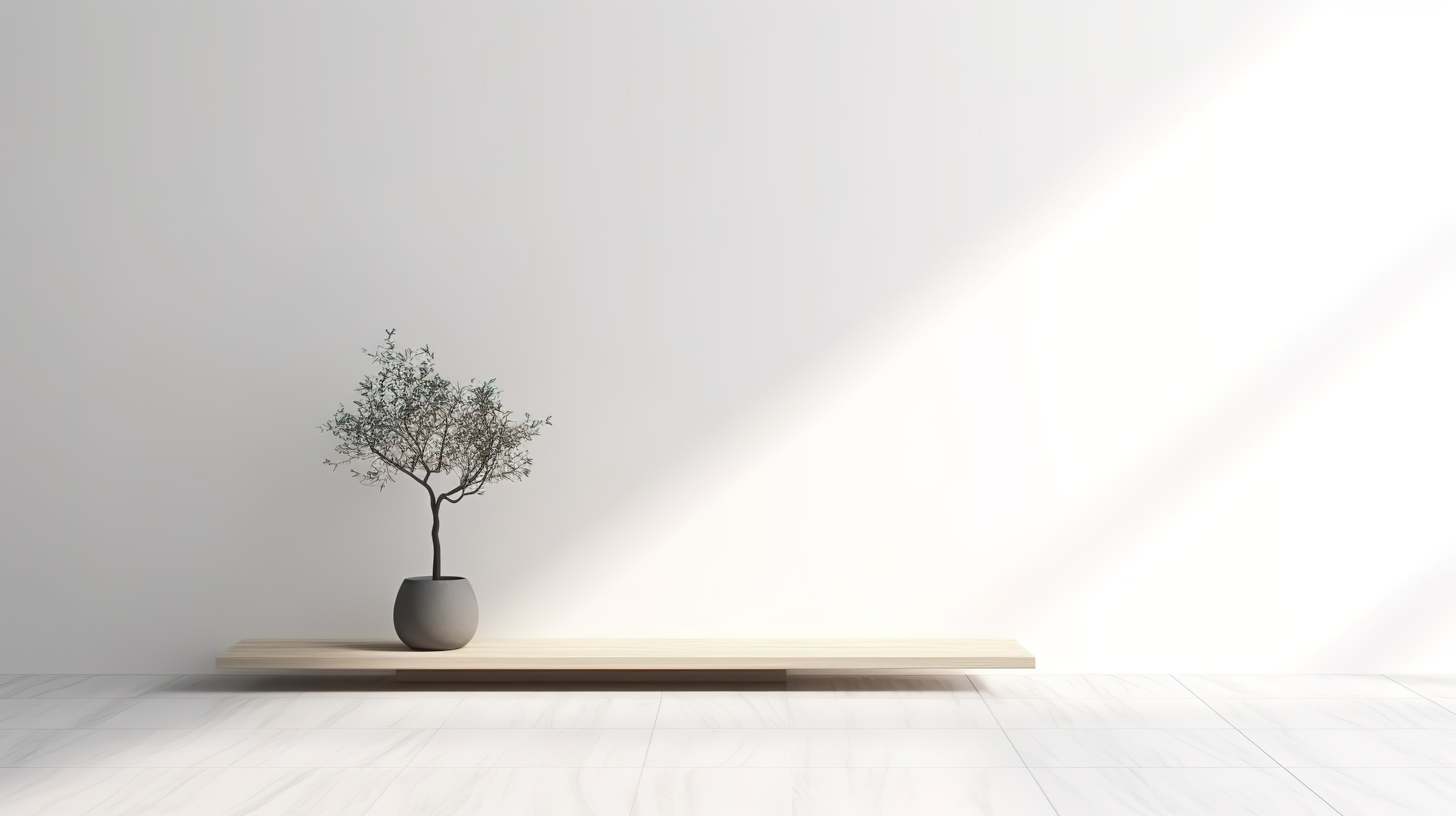 光滑的木桌，树影投射到白色瓷砖墙上，非常适合 3D 模型产品展示图片