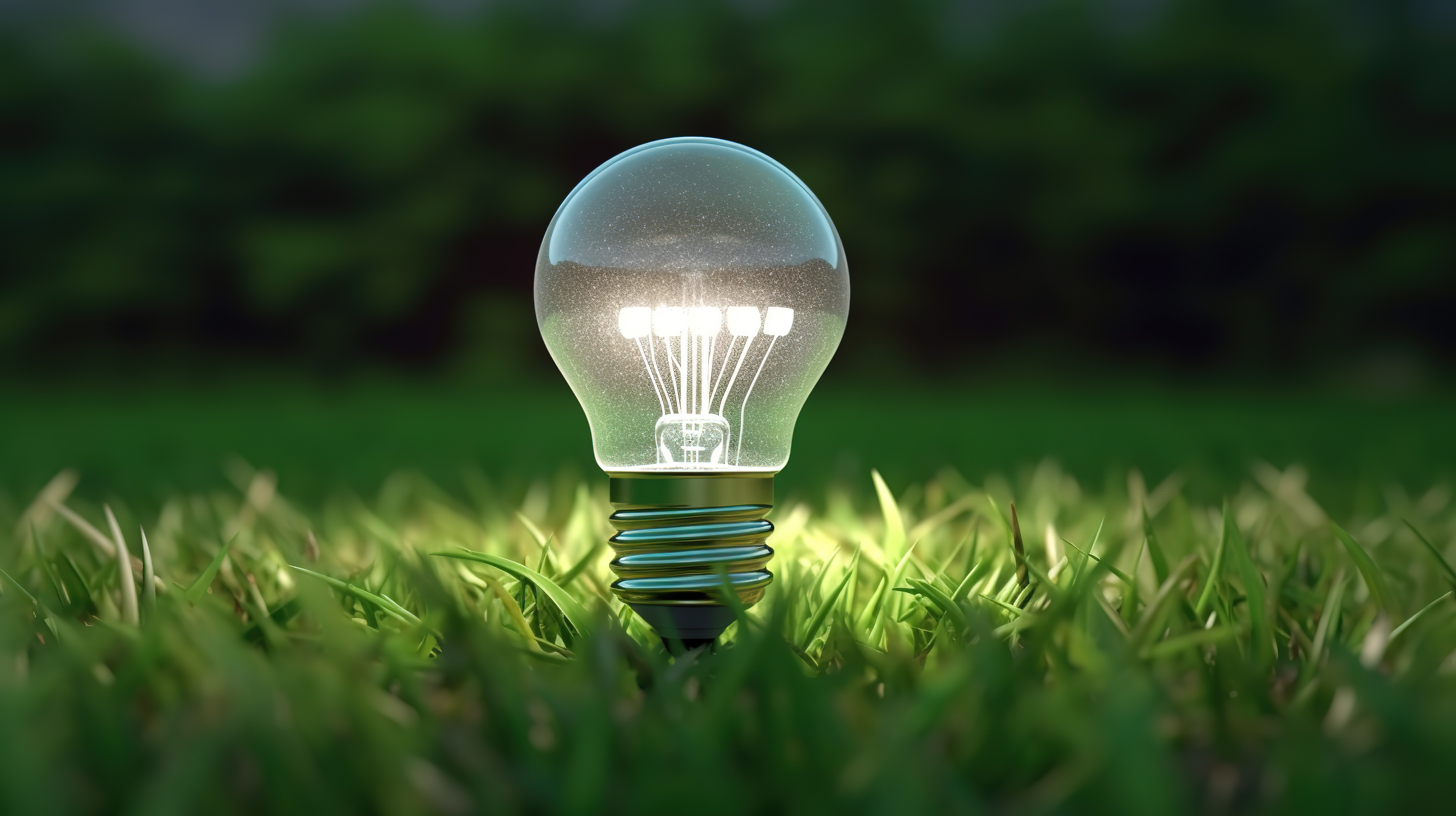 白色背景上的可持续能源 LED 灯泡，周围环绕着郁郁葱葱的绿草 3D 渲染图片