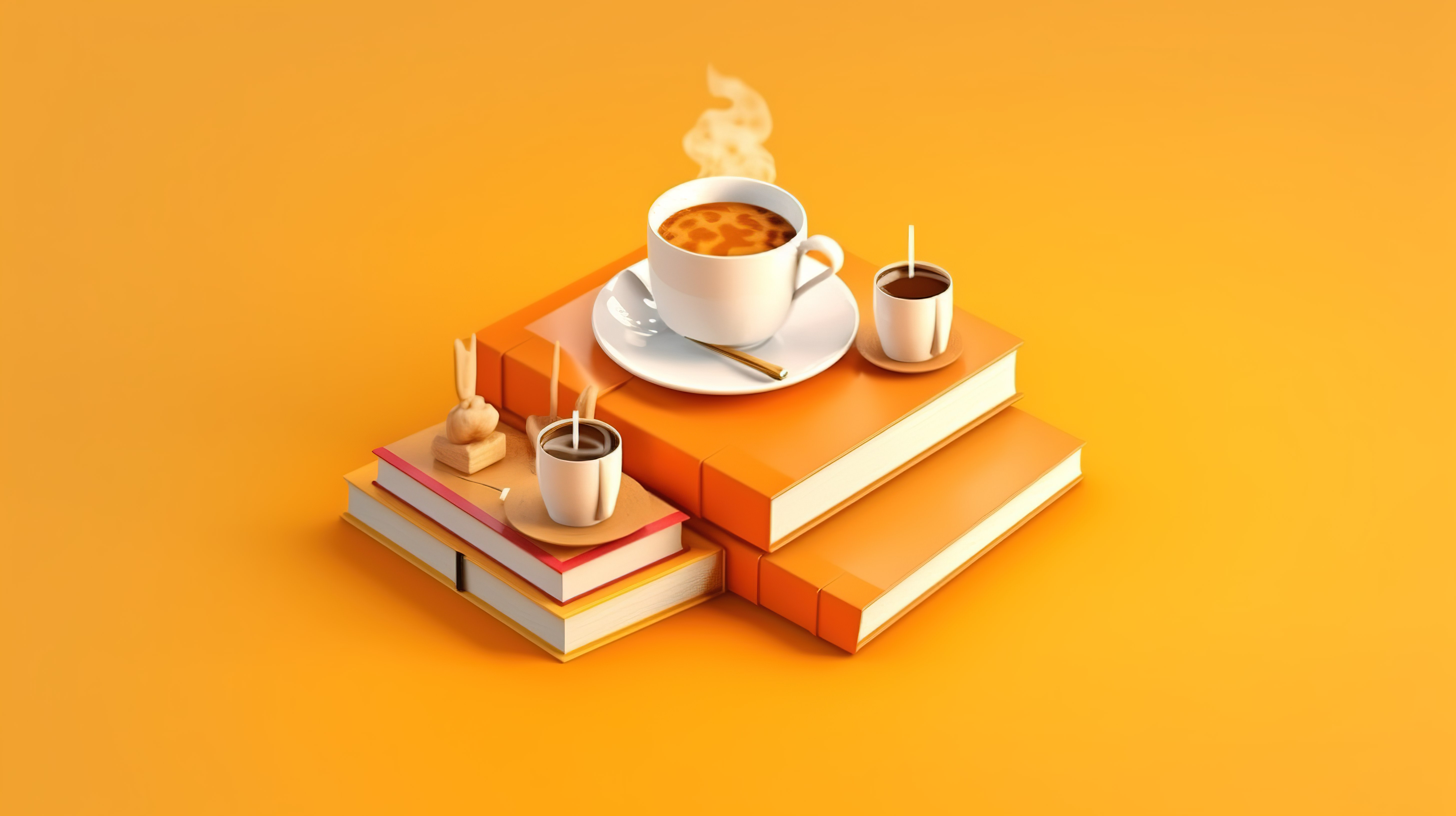 回到学校 3D 书籍和咖啡在充满活力的橙色背景与等距设计图片