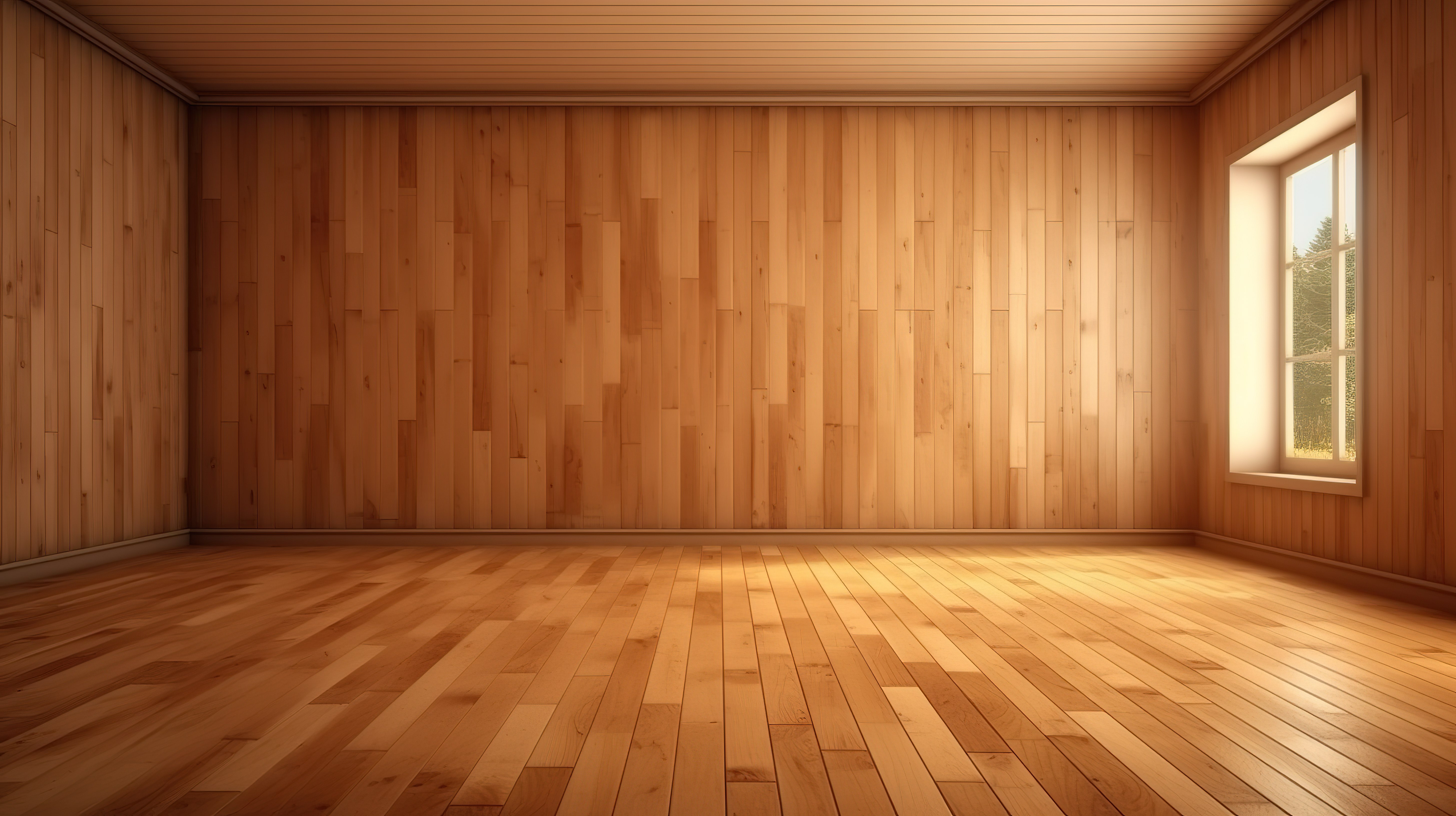 带木板的宽敞房间的 3D 渲染图片