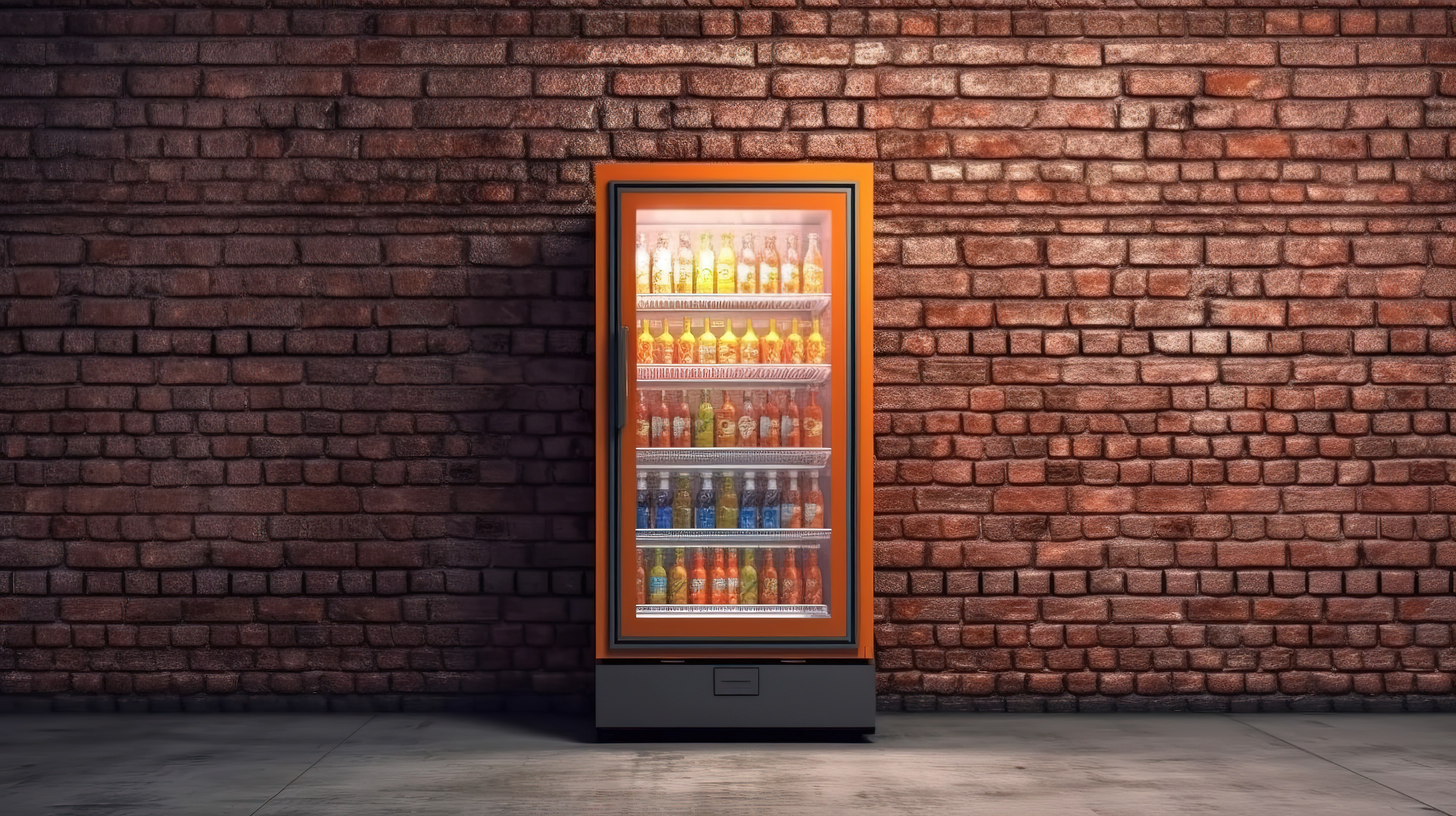 3d 创建的玻璃正面冰箱饮料展示在砖墙上图片