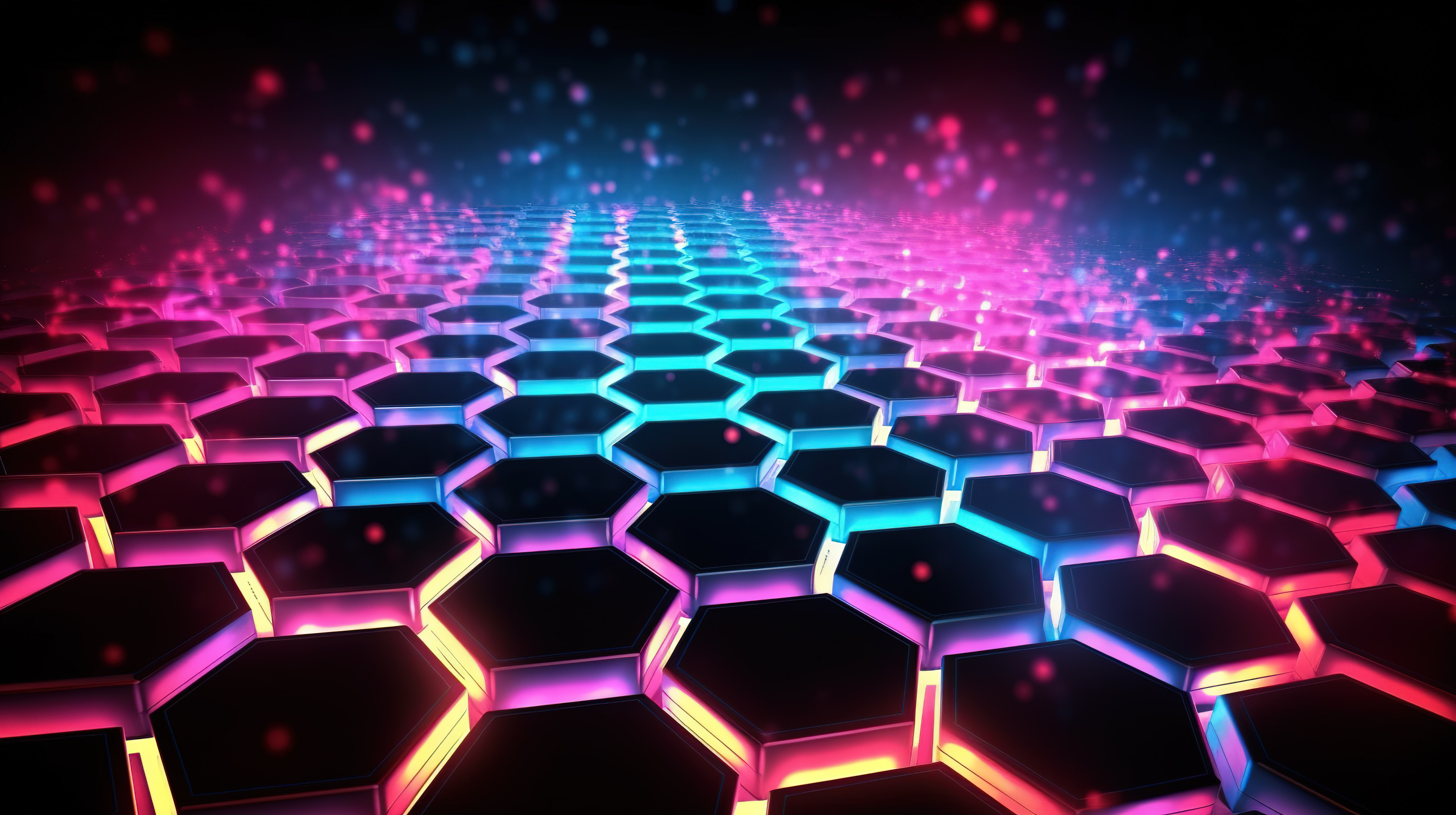 六角形网格中霓虹灯点亮赛博朋克原子结构的 3D 插图图片