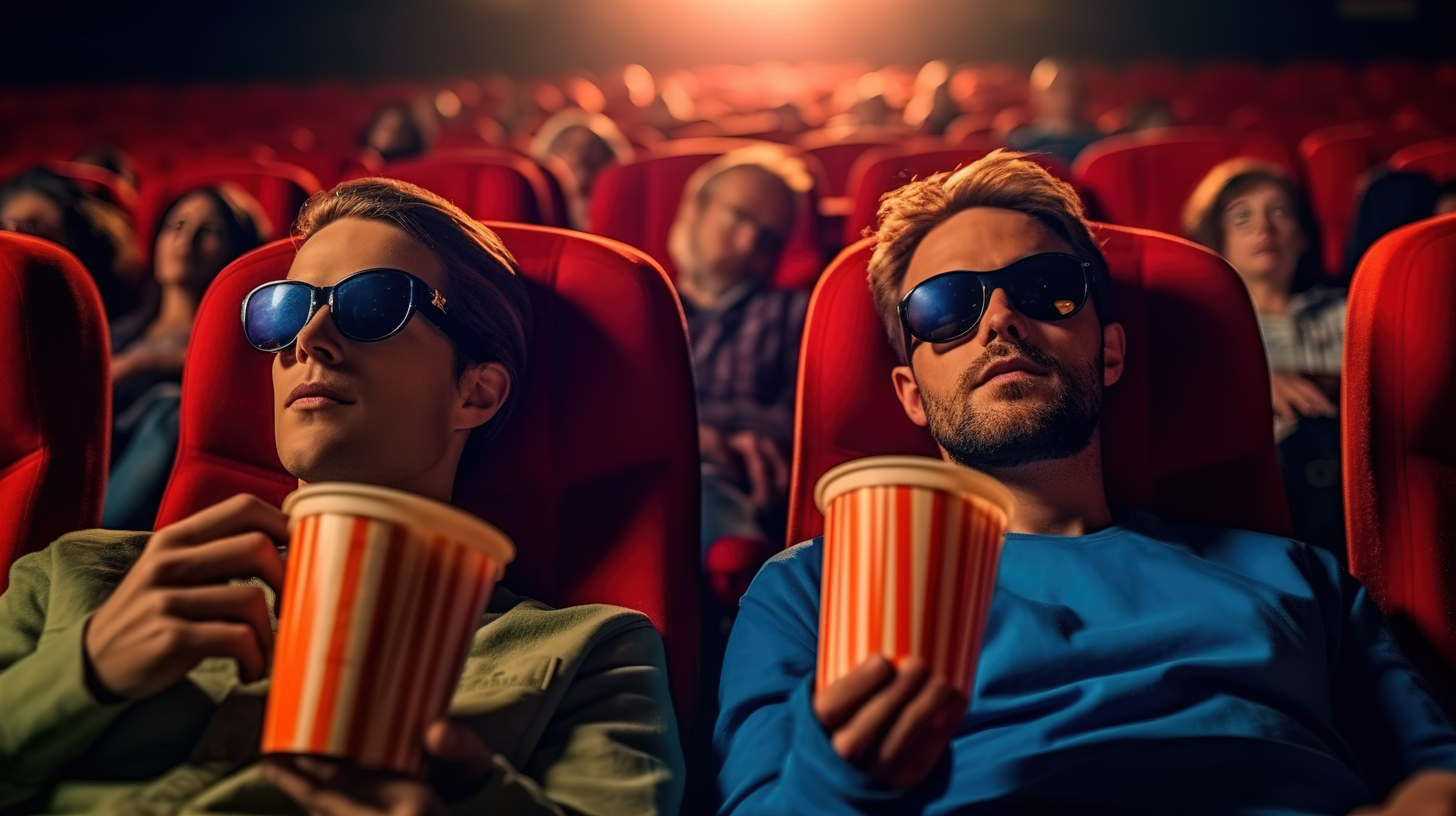 两个好友戴着 3D 眼镜一边在时尚的电影院里一边嚼爆米花一边欣赏搞笑电影图片