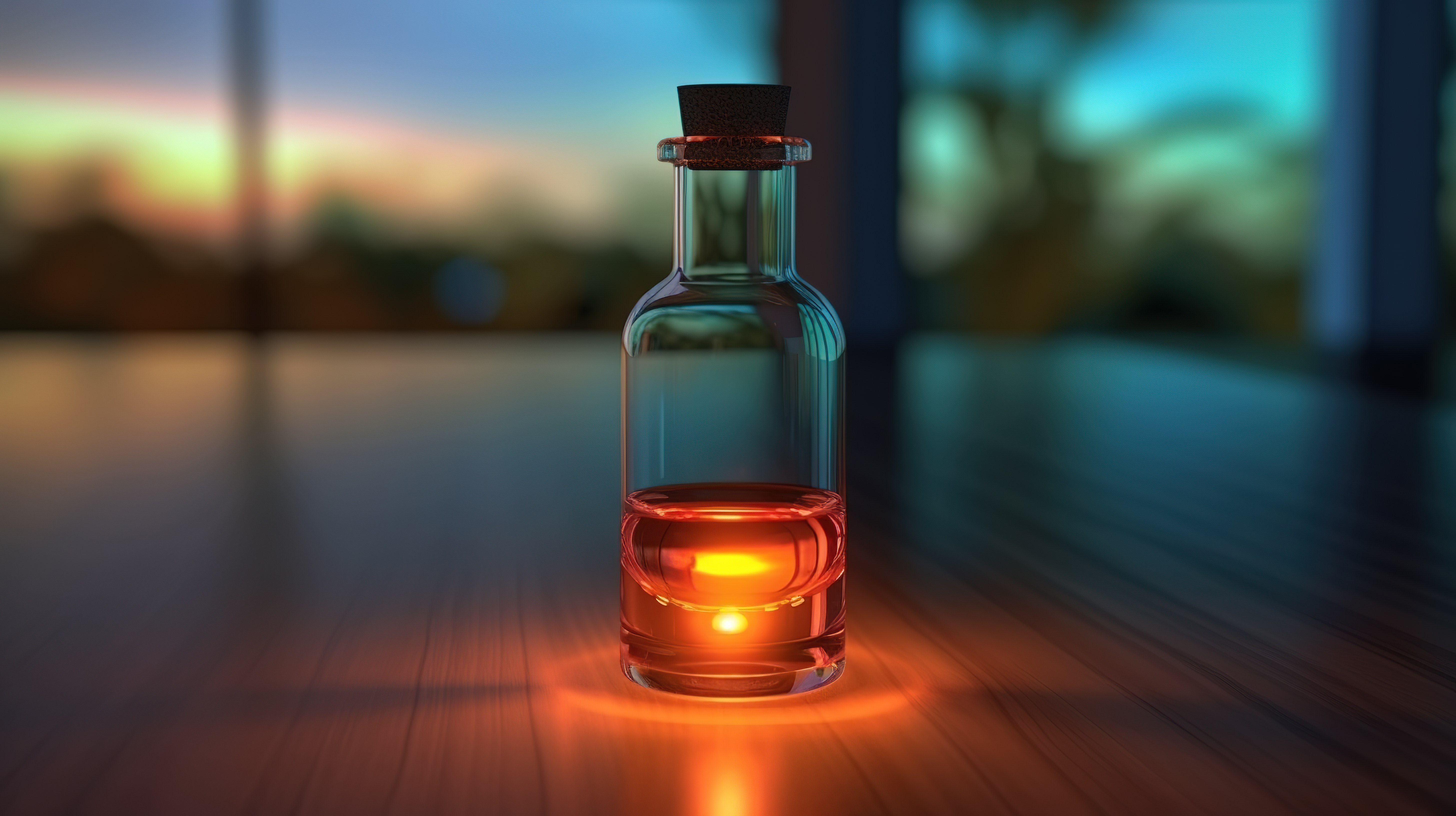 玻璃瓶和安瓿的照明 3D 渲染在桌子上投射背光光芒图片