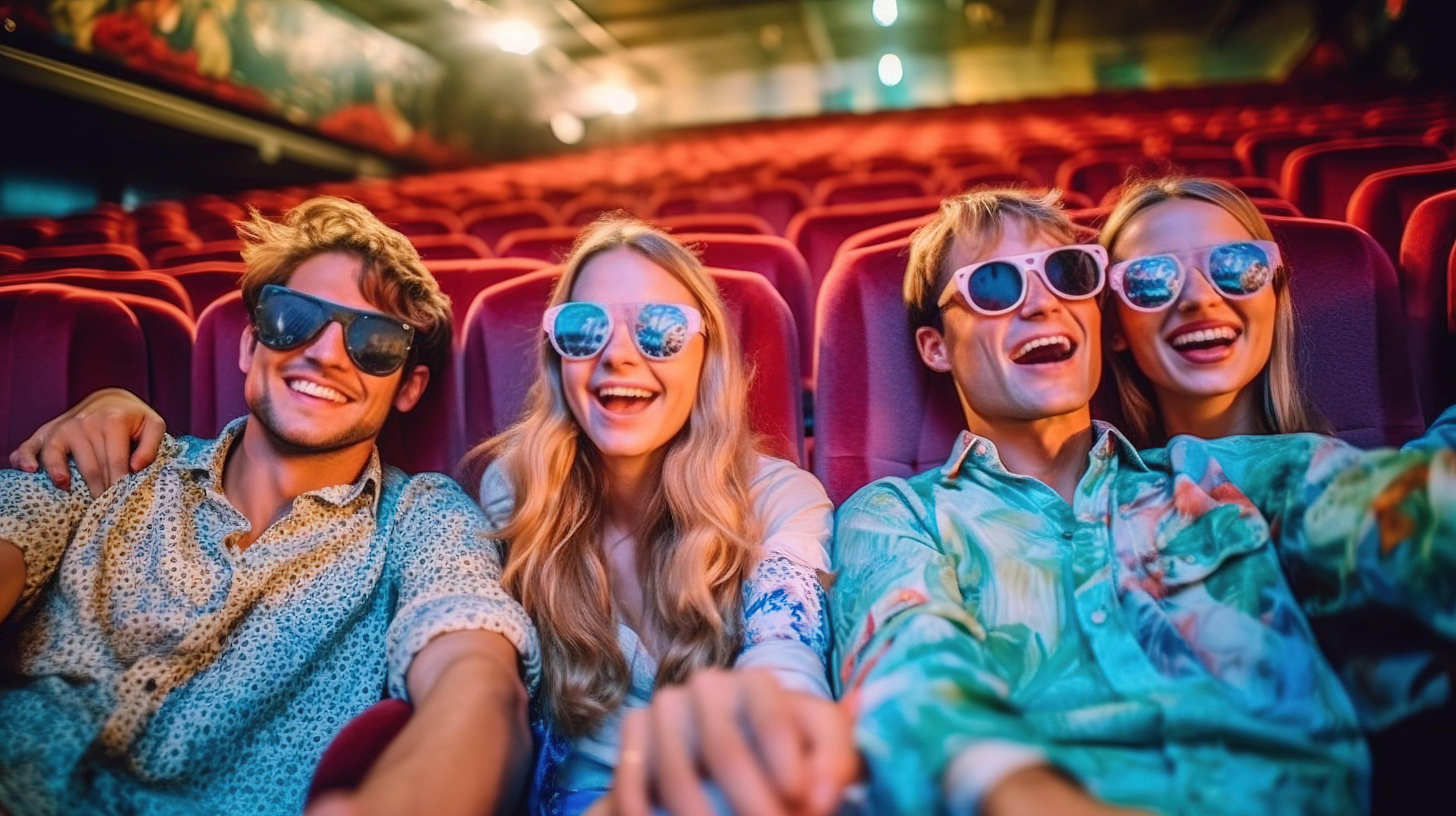 与好友在电影院欢笑并佩戴 3D 眼镜度过热闹的电影之夜图片