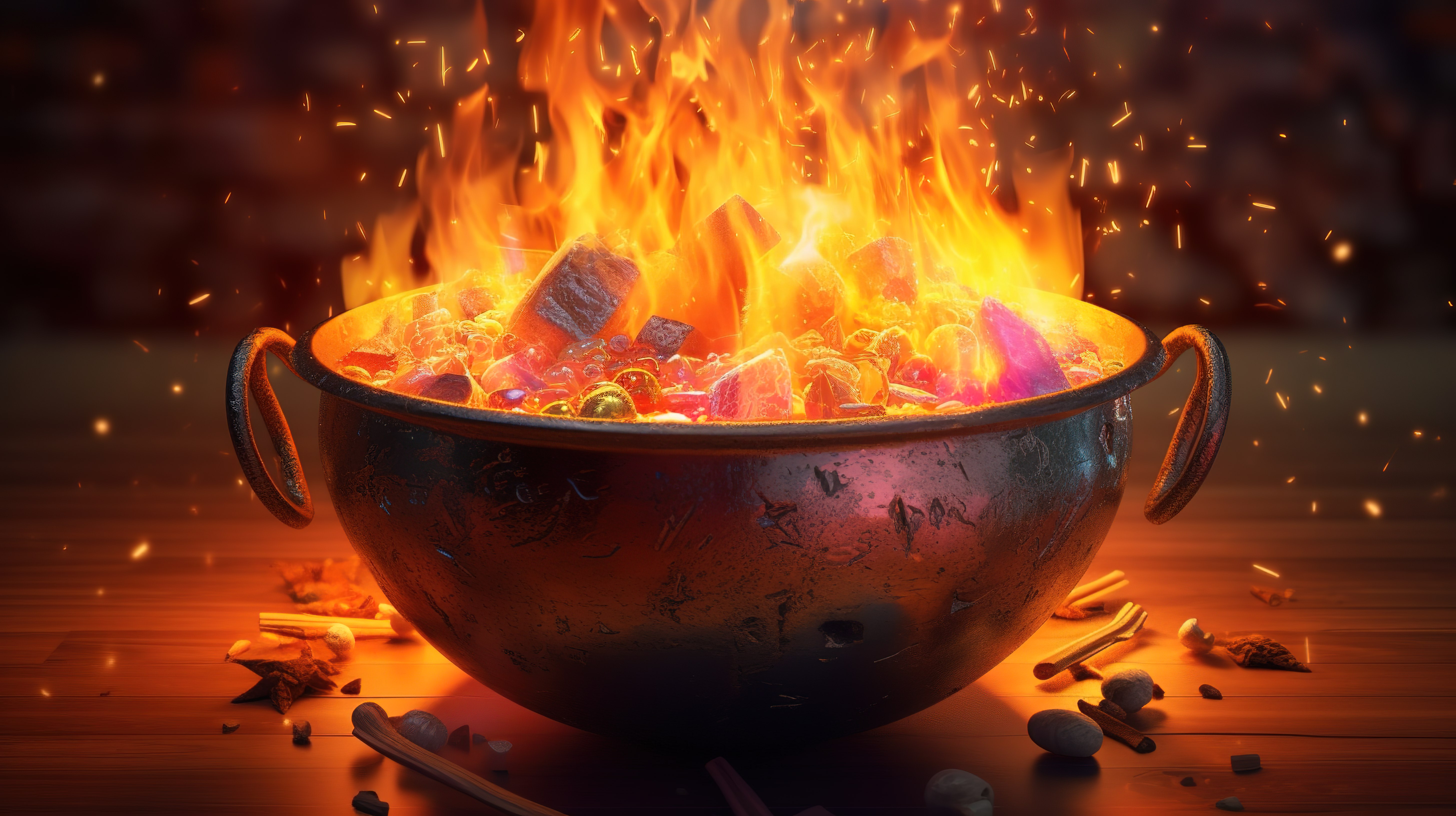 发光的加密锅数字货币的火煮锅的 3D 渲染图片