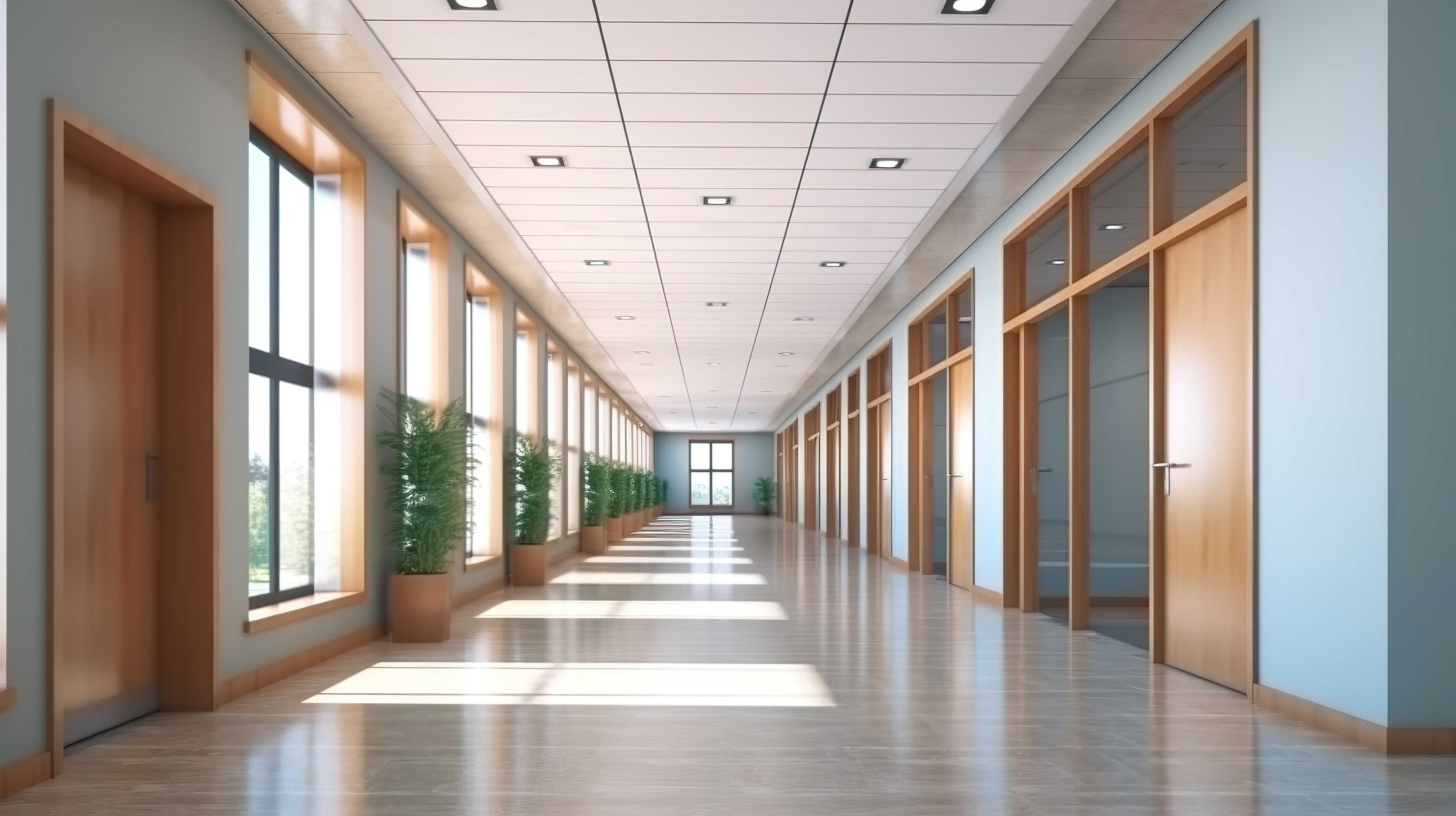 明亮宽敞的办公室走廊的 3D 渲染，配有玻璃门和木质天花板装饰图片