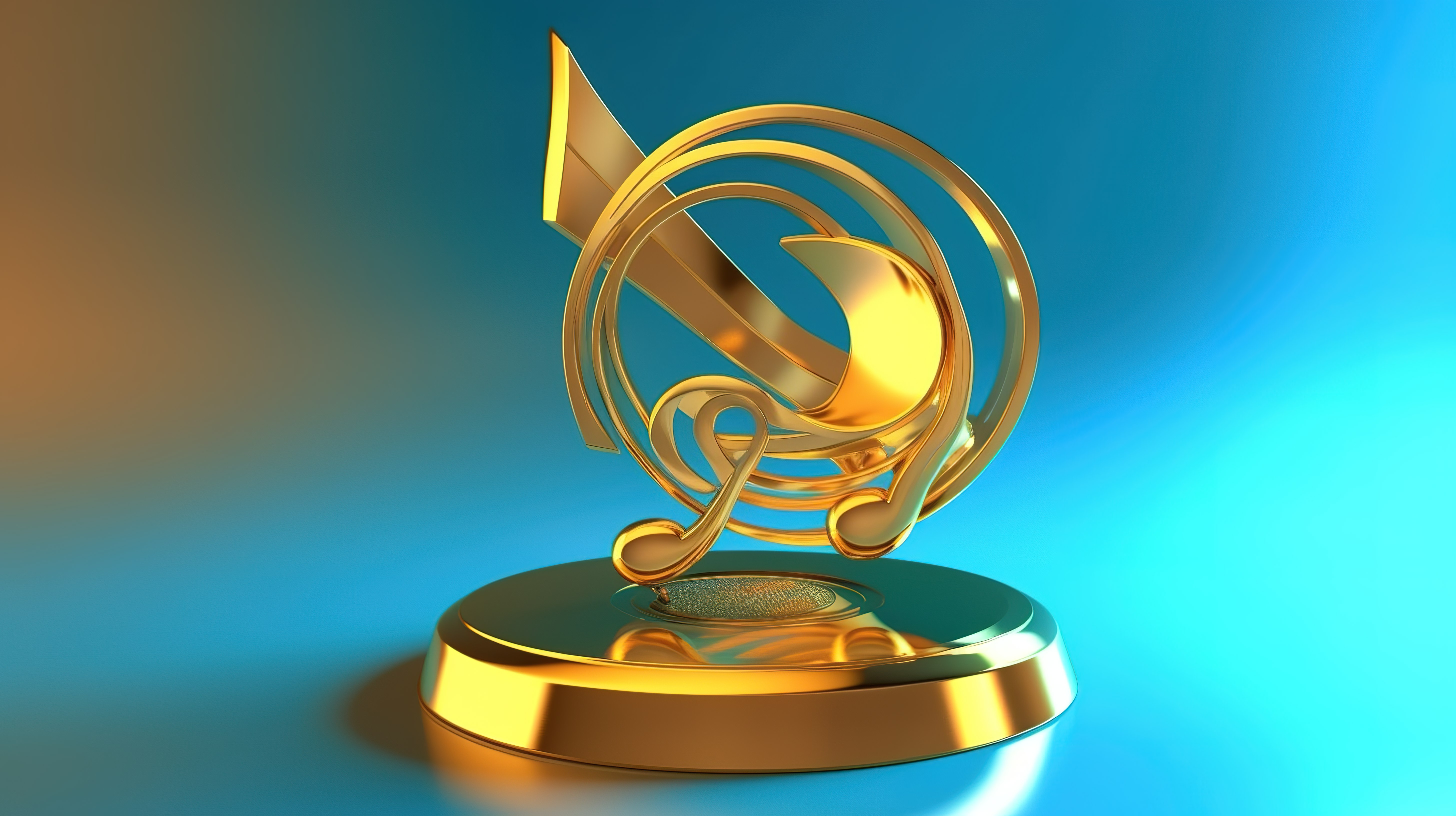 蓝色背景上的音符与金奖的 3D 插图图片