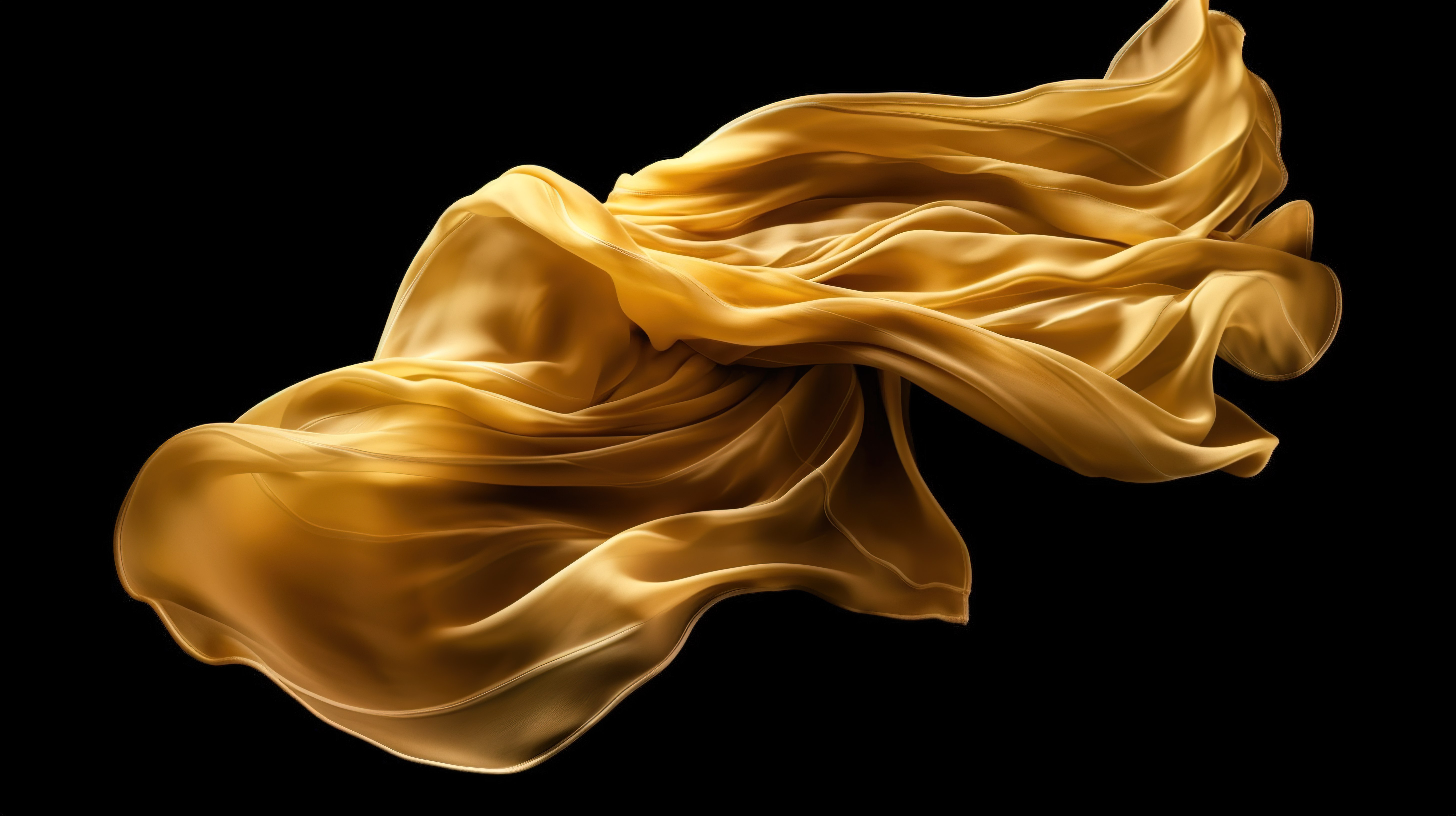 黑色背景下风中翻腾的金色织物的 3D 渲染图片