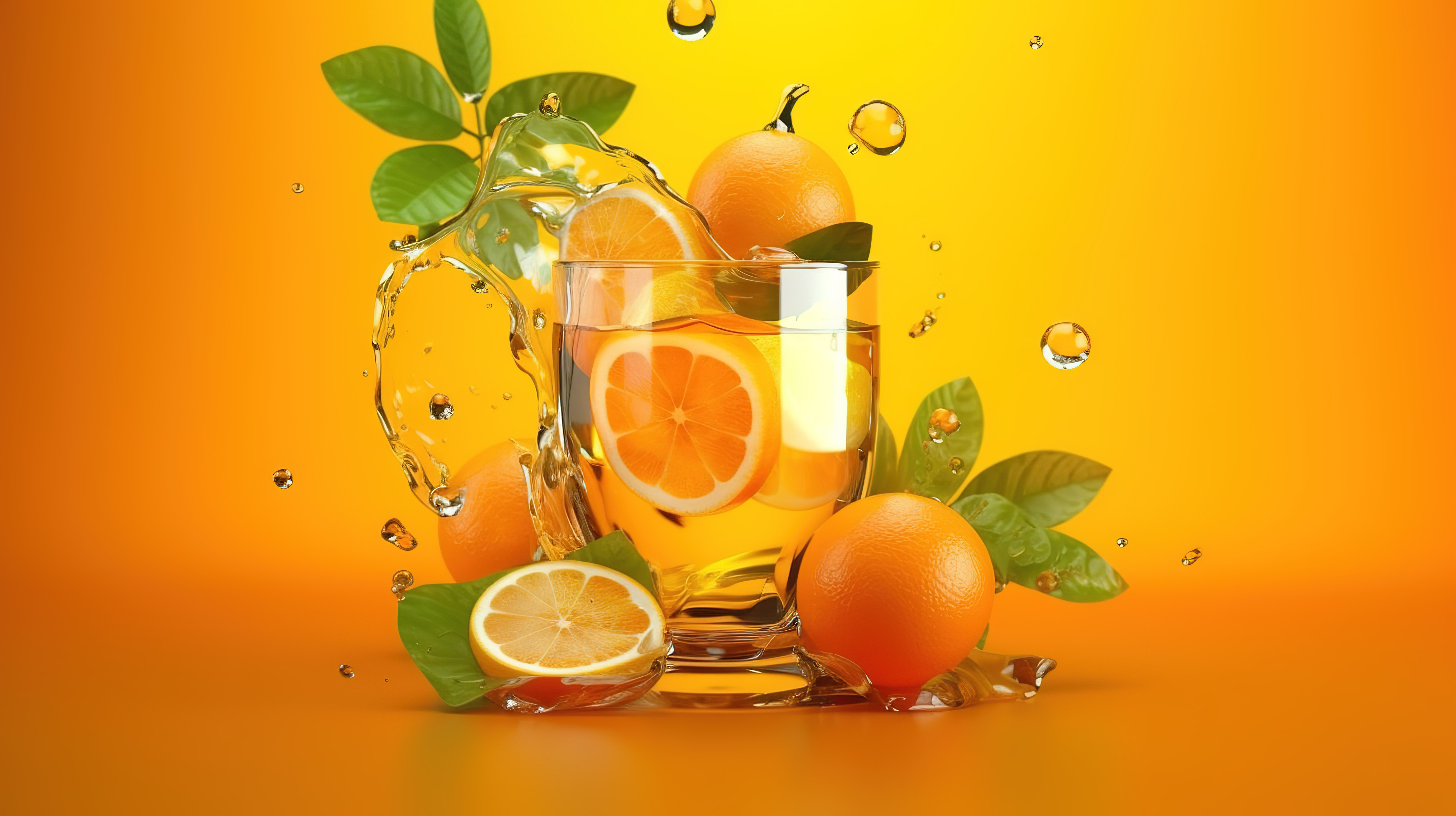 橙色背景 3d 渲染上带有落冰和切片的薄荷果输提清爽饮料图片