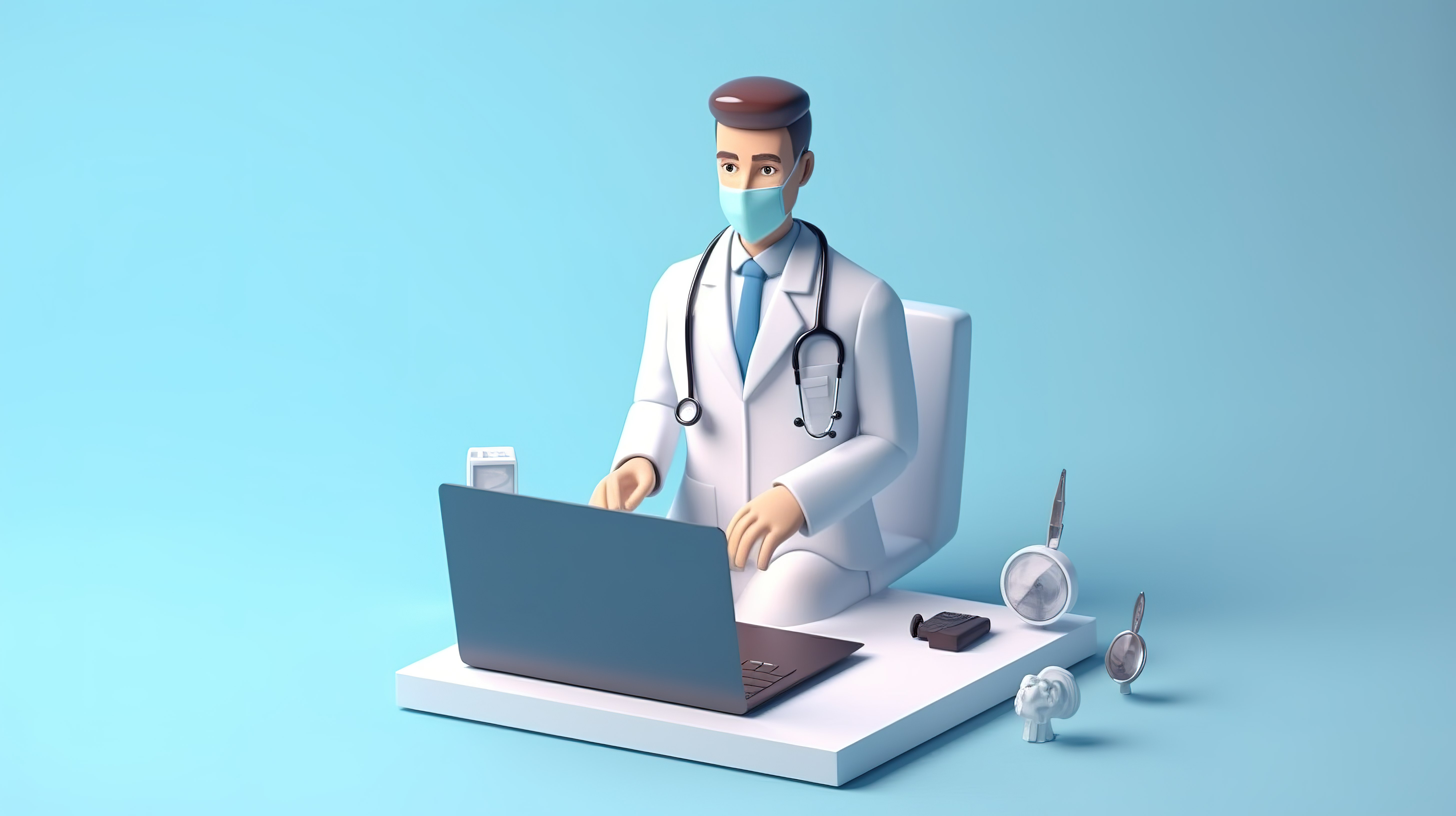 笔记本电脑屏幕上的医疗专业人员以 3D 卡通插图描绘在线健康保险医生持有合同图片