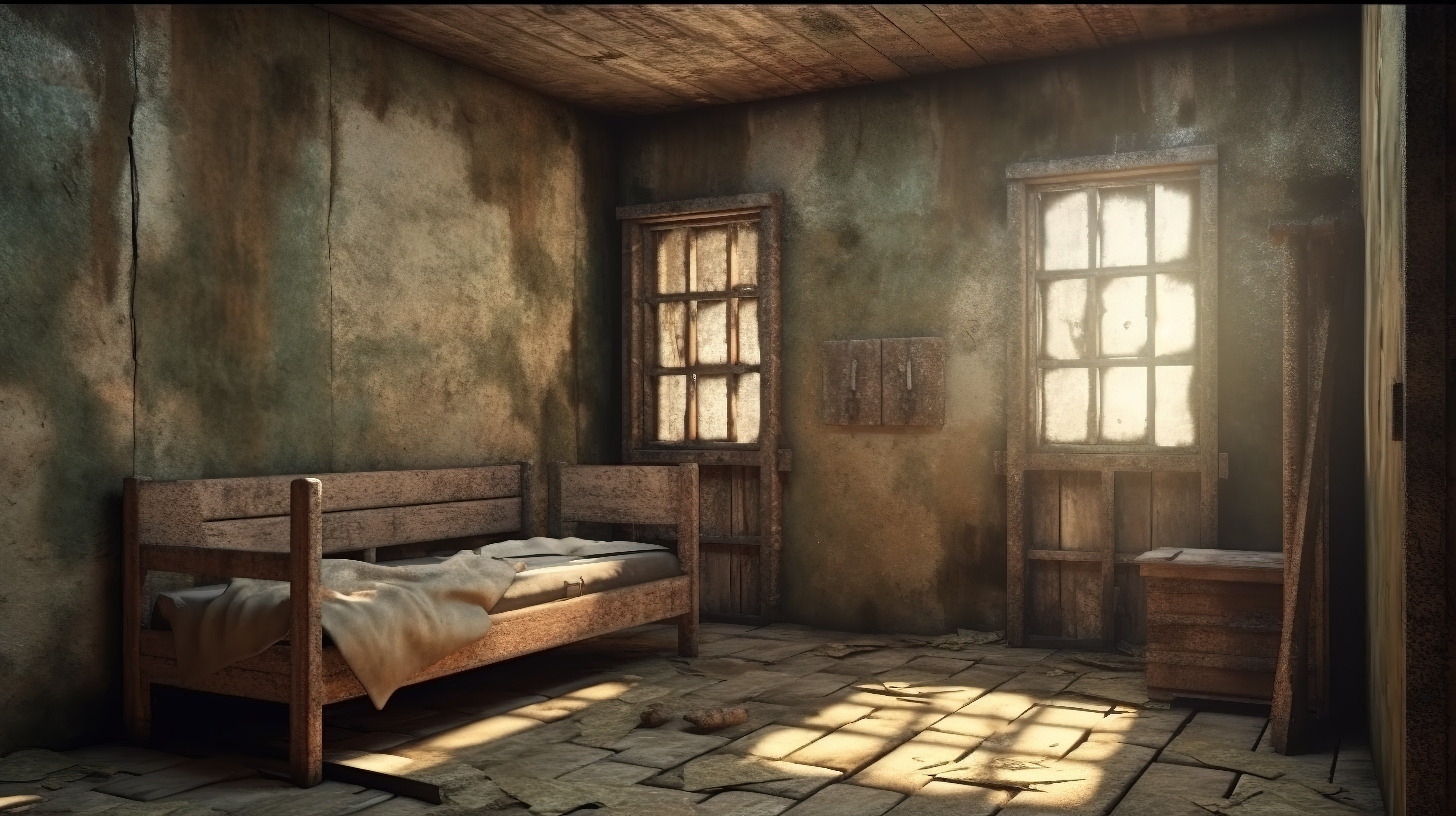 肮脏的木床监狱牢房的 3D 插图，带有小铁栅窗图片