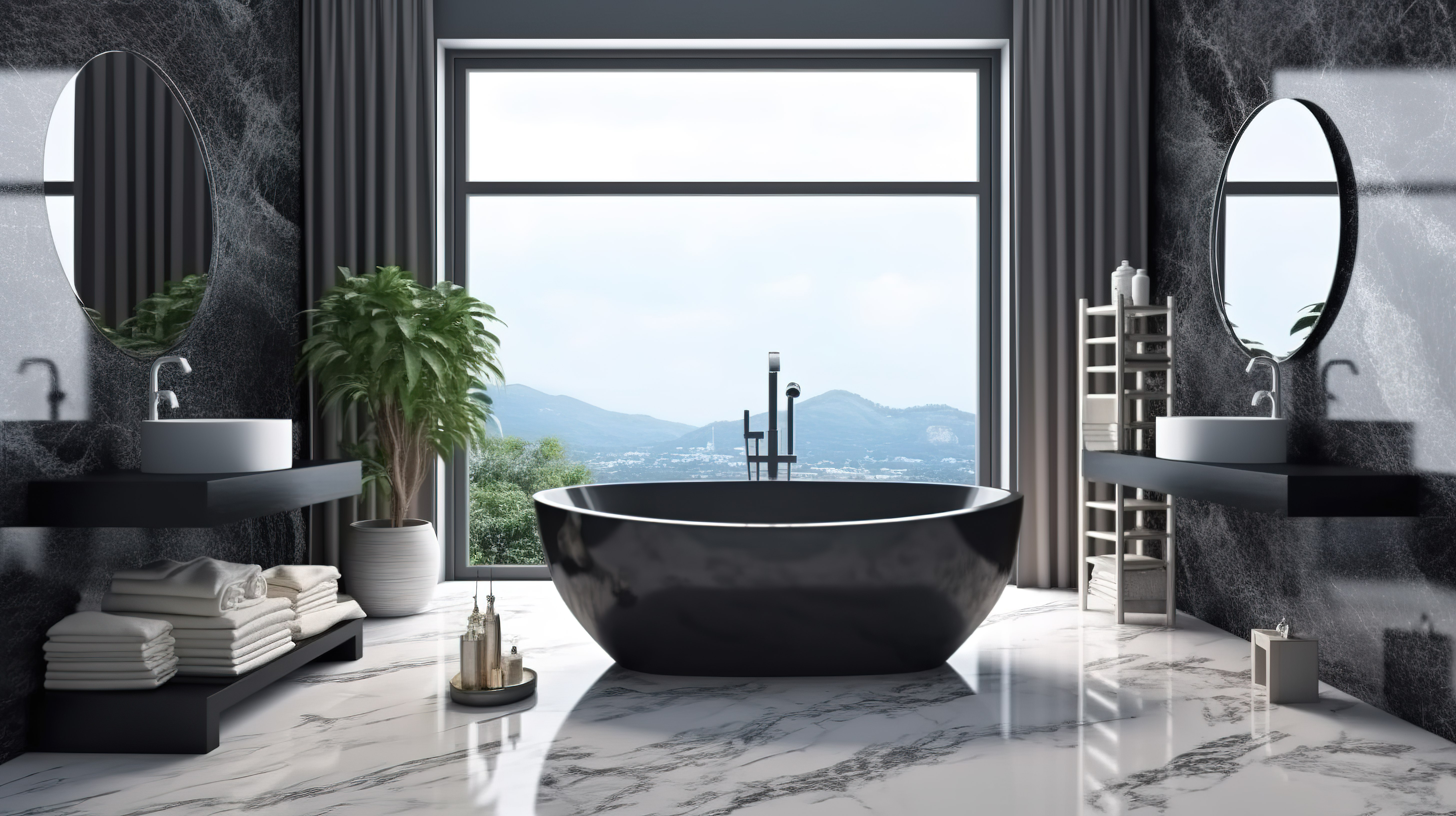 以黑色大理石和白色水泥为特色的优雅浴室设计的 3D 渲染图片