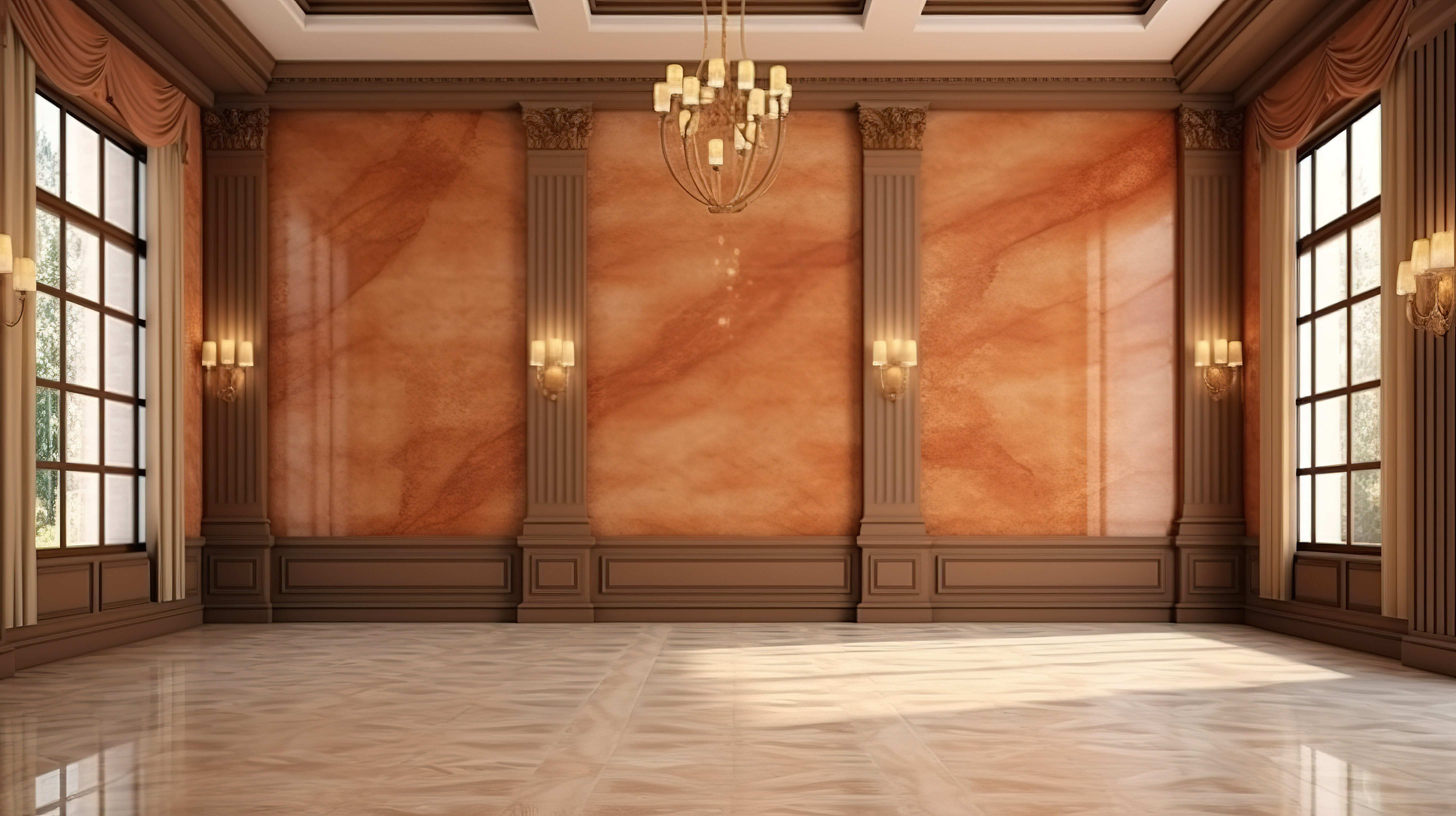 豪华古典风格客厅的渲染 3D 图像，花岗岩瓷砖上有棕色墙壁装饰图片