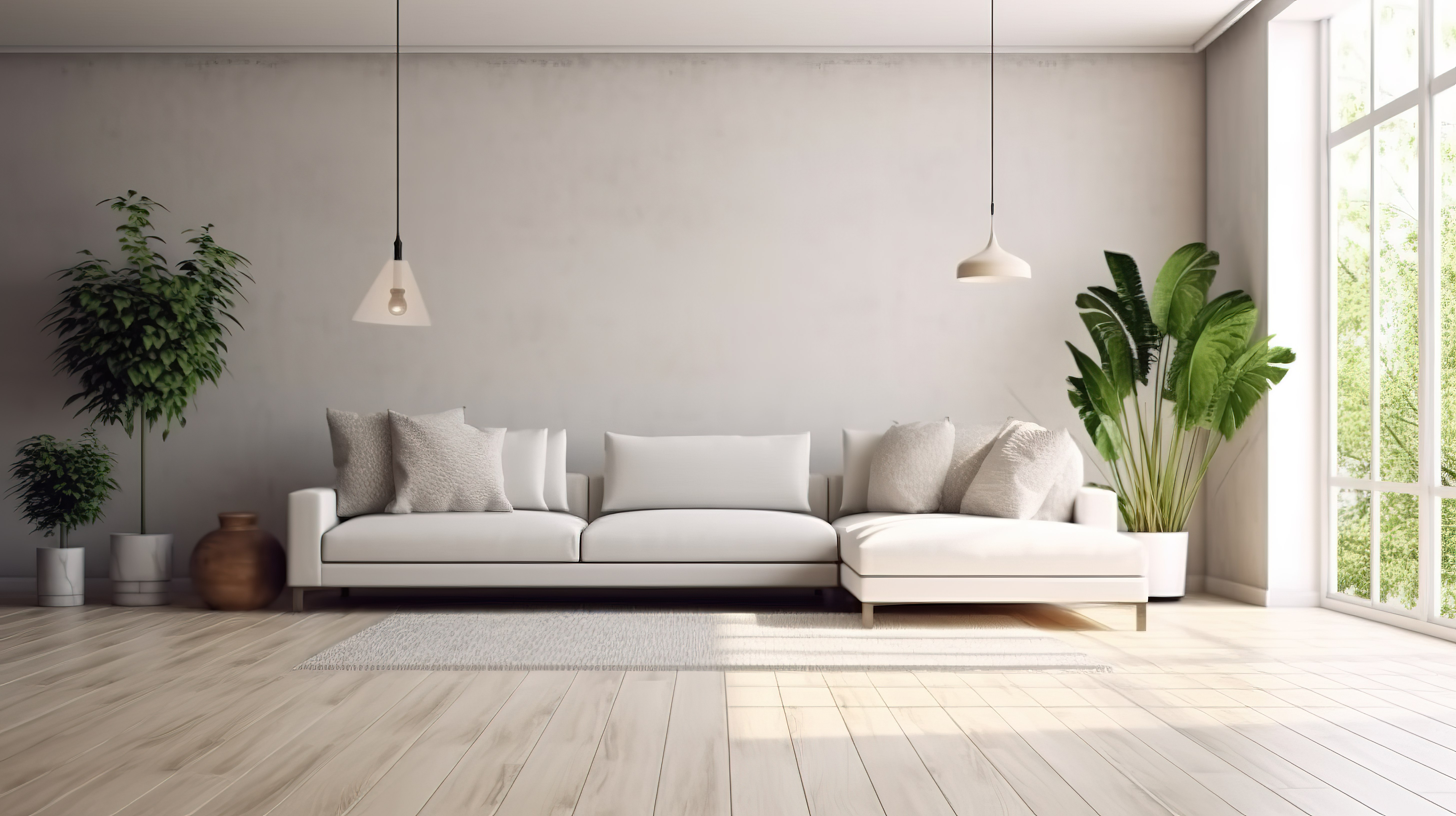 北欧家居内饰，配有木地板时尚沙发墙和风景窗景 3D 渲染图片
