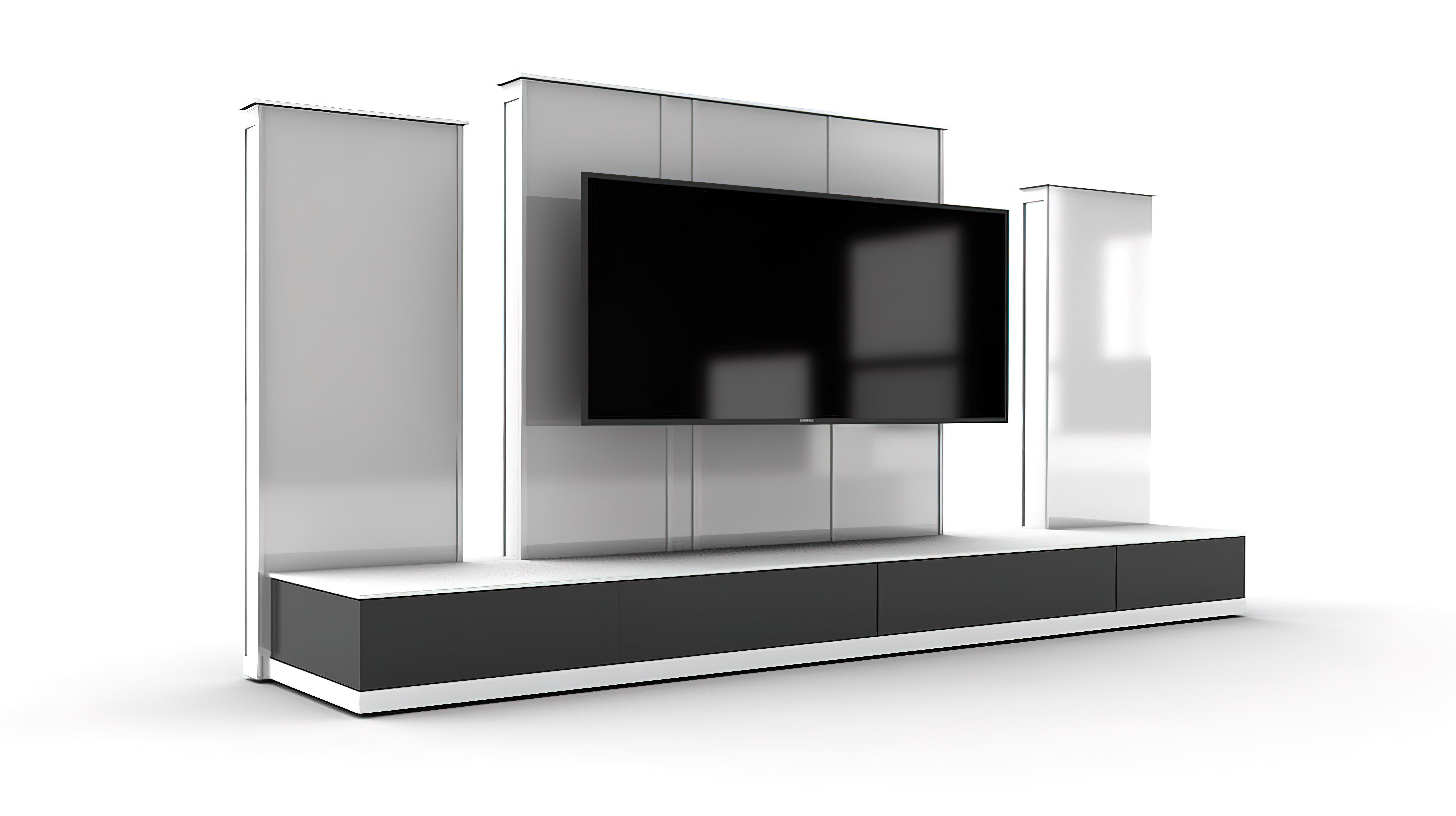 空白贸易展览摊位的集合，配有液晶电视架 3D 渲染隔离在白色图片