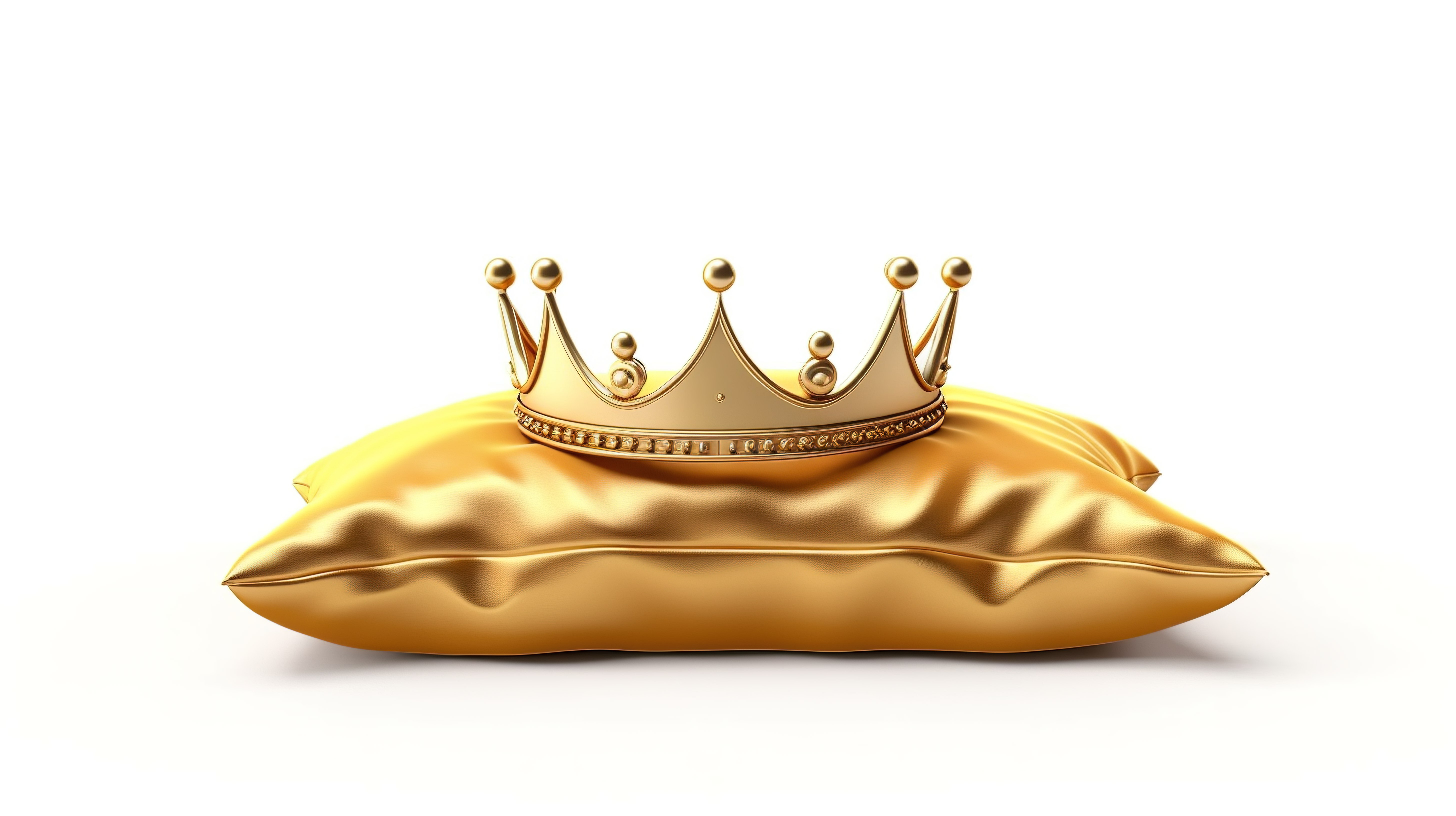 富丽堂皇的金冠坐落在充满活力的洋红色枕头上，以 3D 呈现，并隔离在白色背景上图片