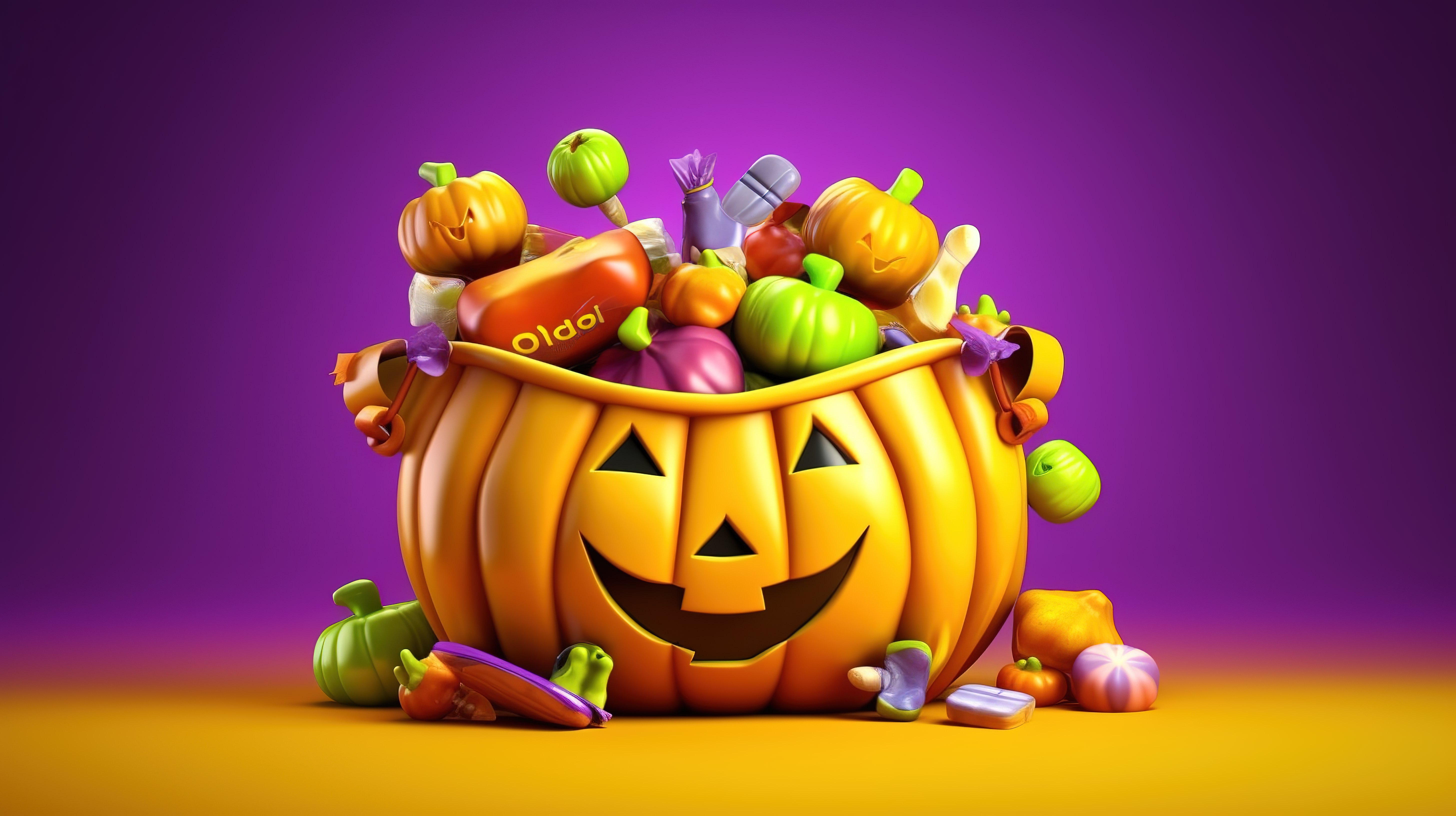 传统的十月假期紫色背景，里面装满了五颜六色的糖果和糖果，装在黄色袋子里，用于快乐的万圣节庆祝活动 3D 渲染图片