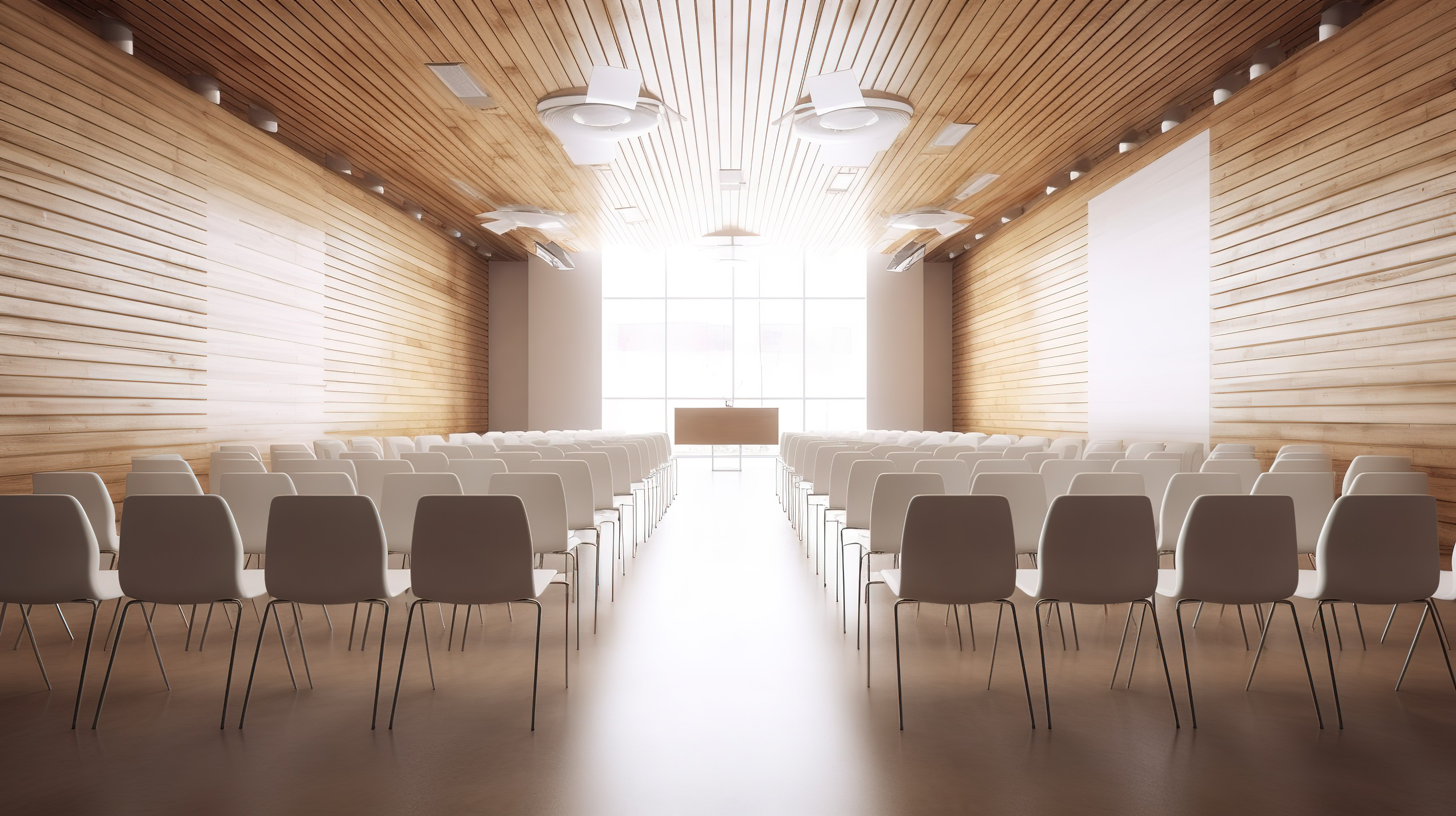 木墙和白色椅子的创新学校礼堂 3D 渲染图片