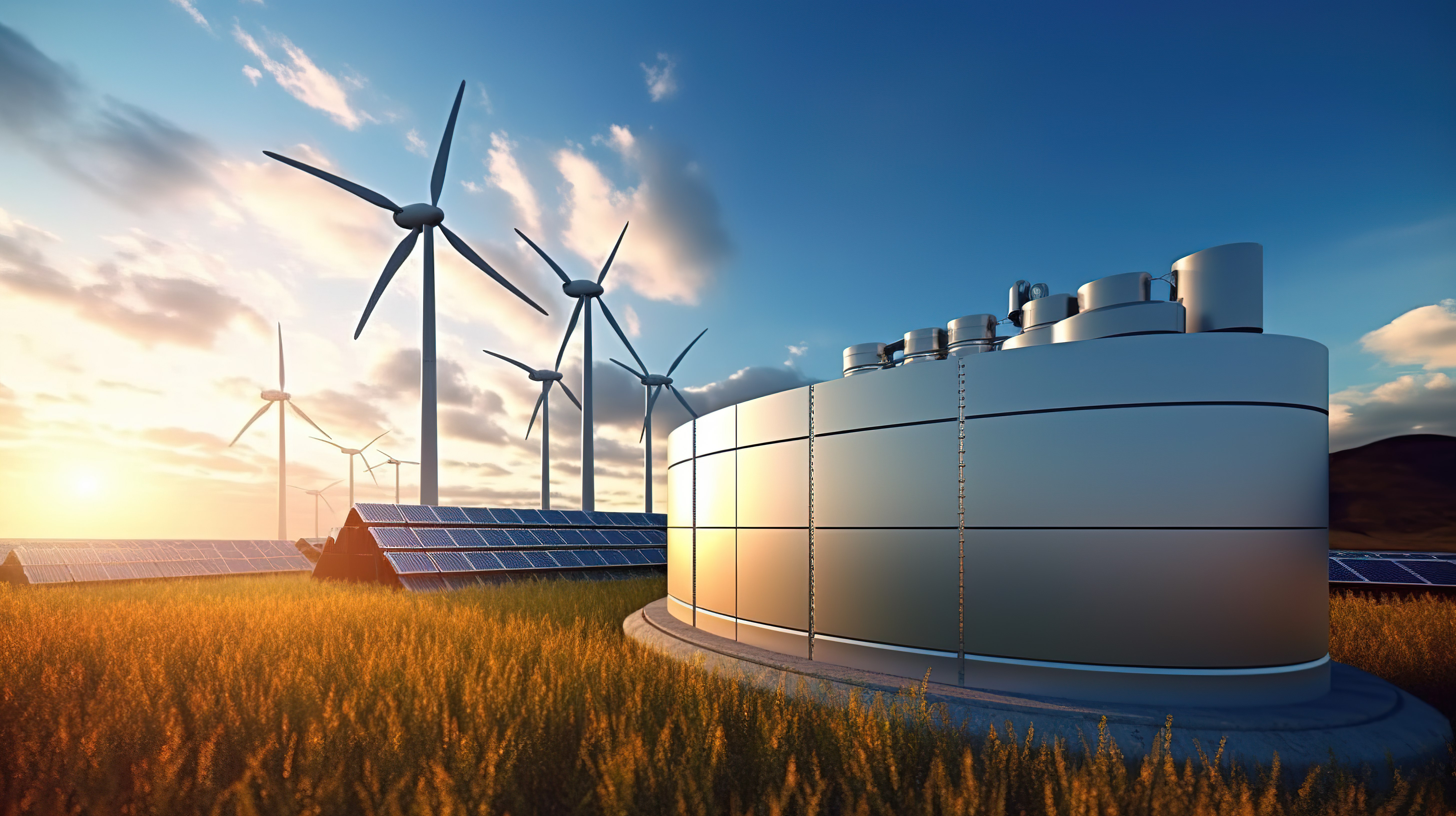 背景为太阳能电池板和风力涡轮机的氢能储气罐的 3D 渲染图片