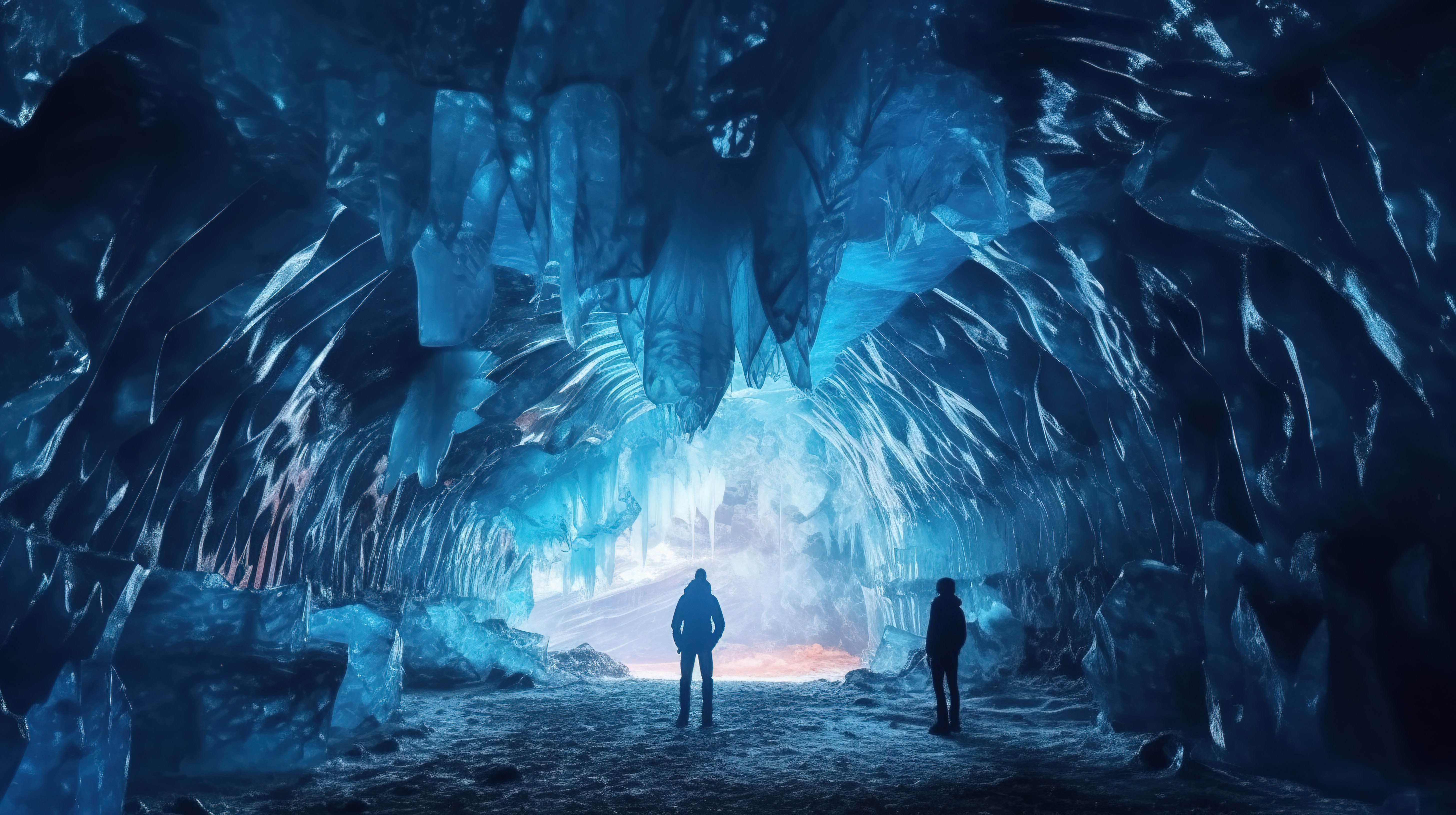 蓝色水晶冰洞中的剪影男子令人惊叹的 3D 渲染图片