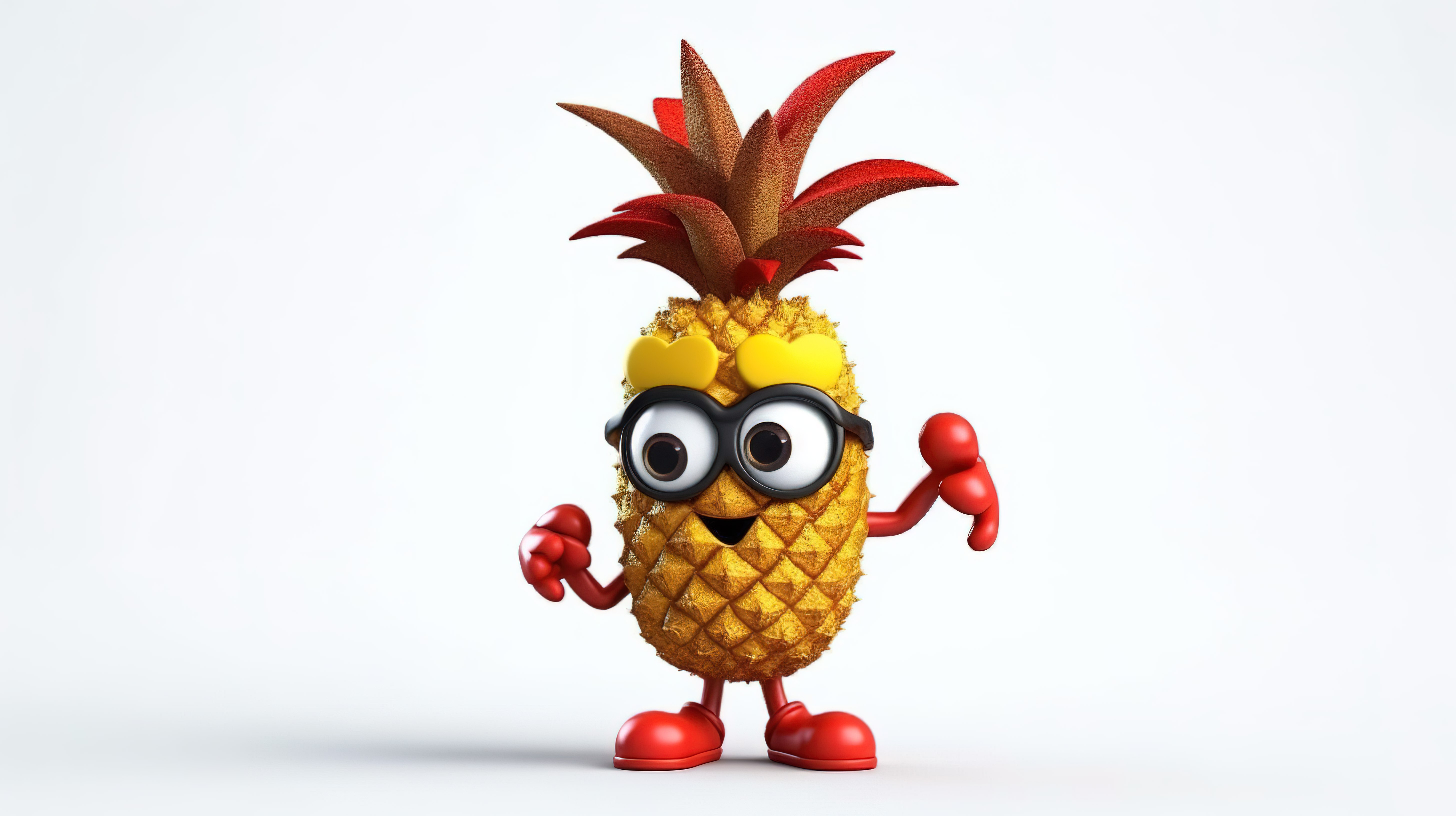 3D 渲染的卡通时髦菠萝，白色背景上带有红色问号，是时尚先锋的古怪吉祥物图片