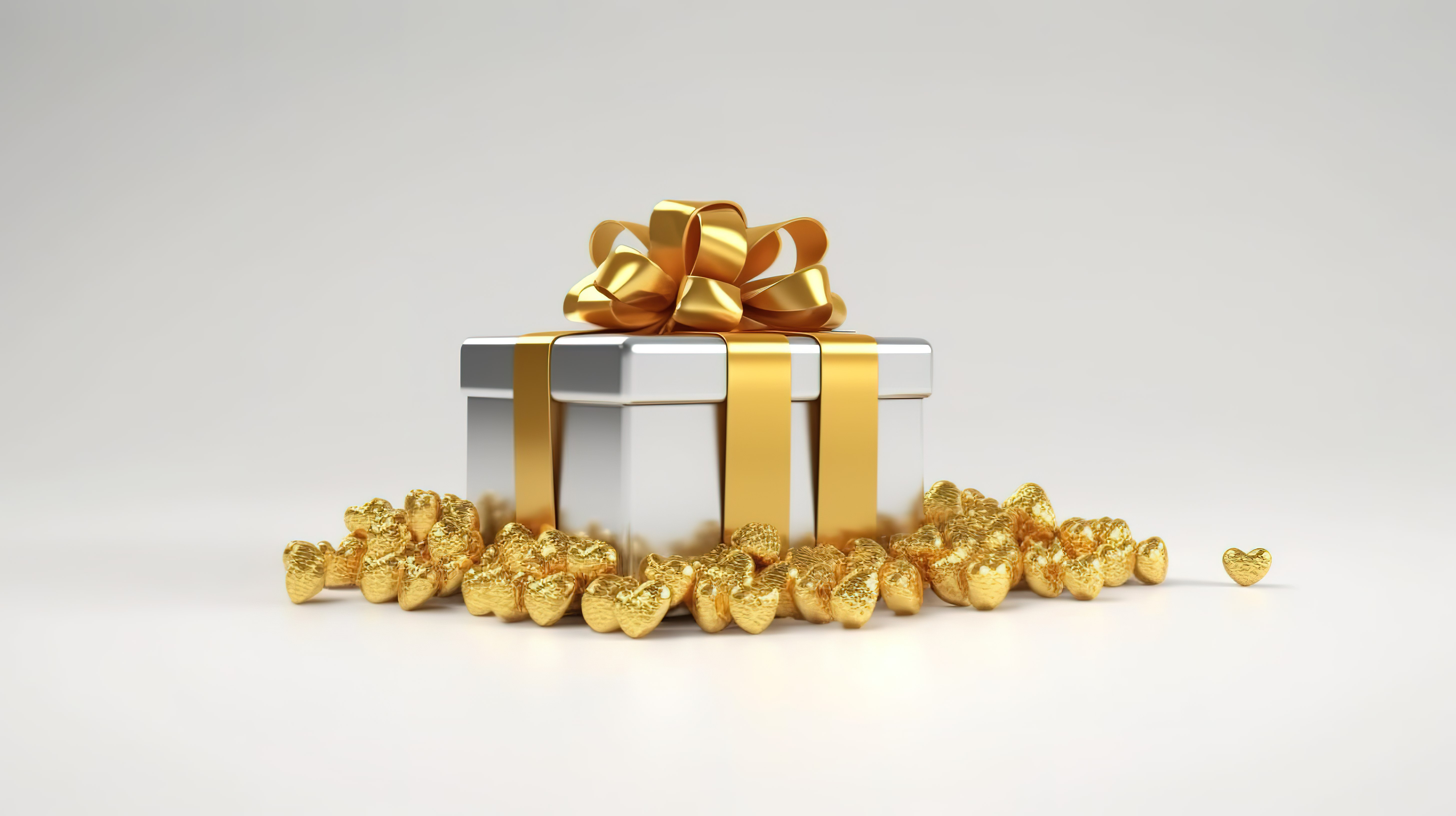 情人节礼品包的 3D 渲染，白色背景上饰有金色的心图片