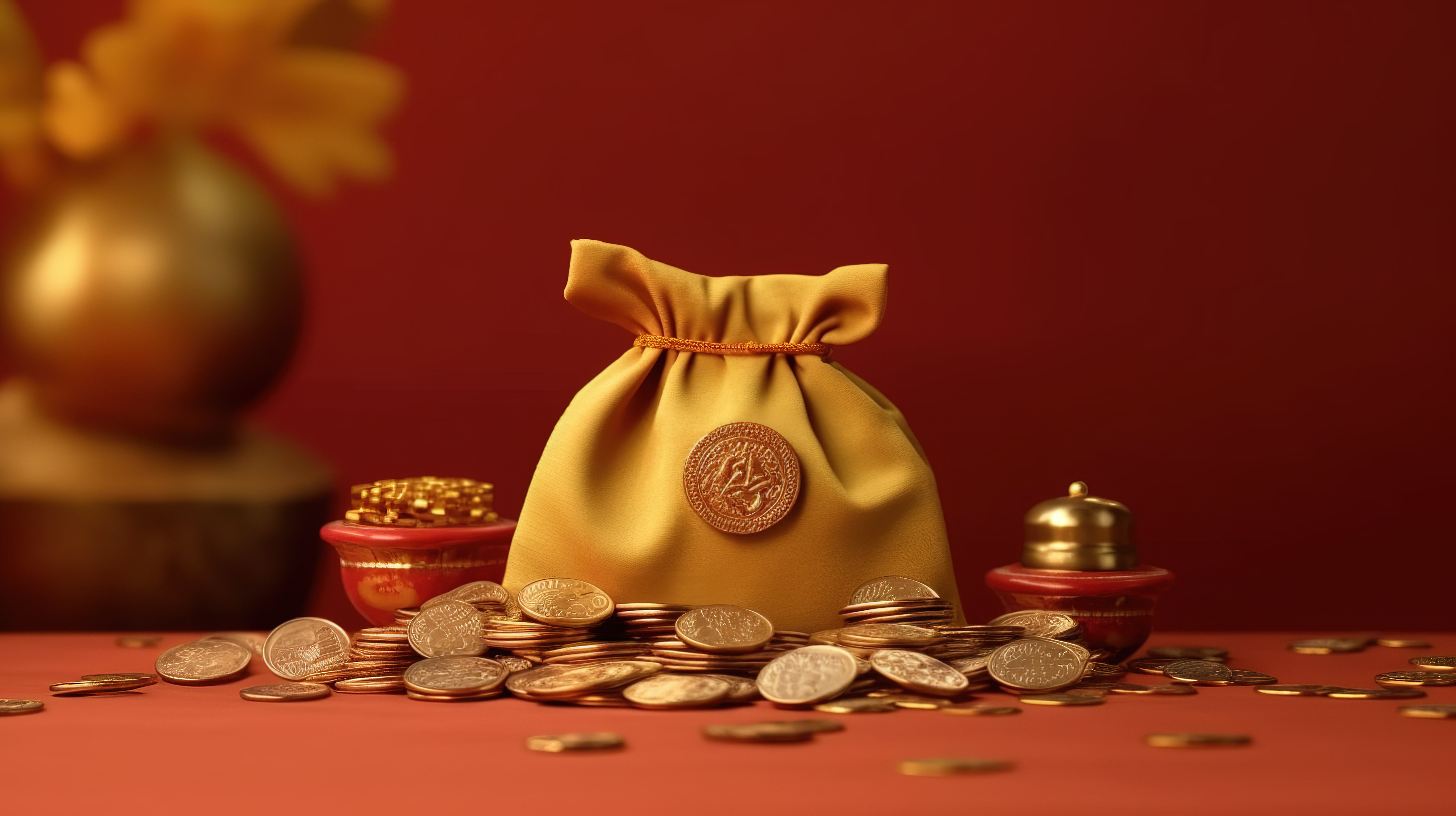 财富袋或珍贵的袋子与金币背景 3D 渲染中国新年贺卡图片