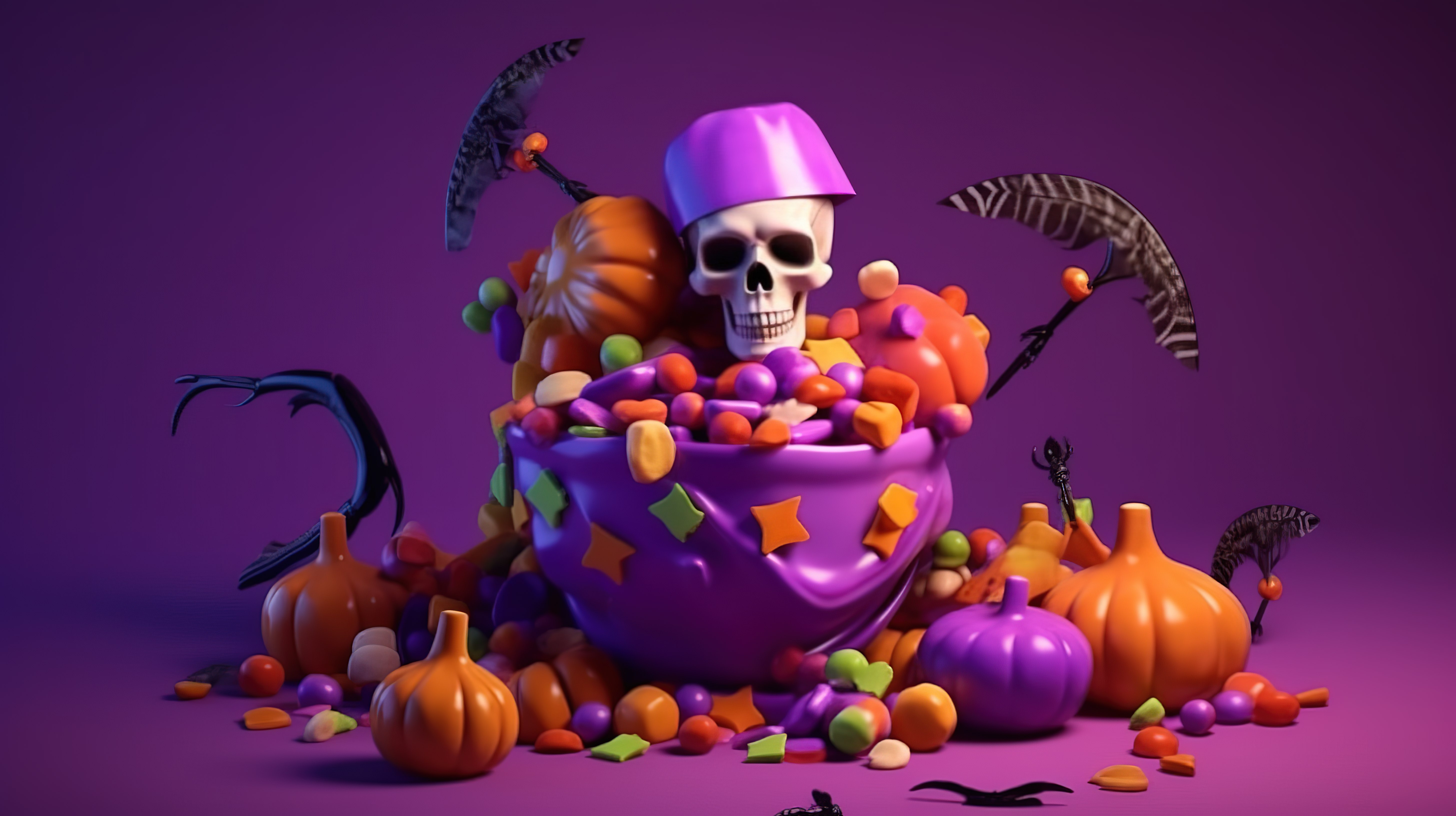 怪异的喜悦女巫帽子骨头头骨坟墓南瓜五颜六色的糖果和糖果等等都漂浮在 3D 渲染的紫色背景上，庆祝欢乐的万圣节图片