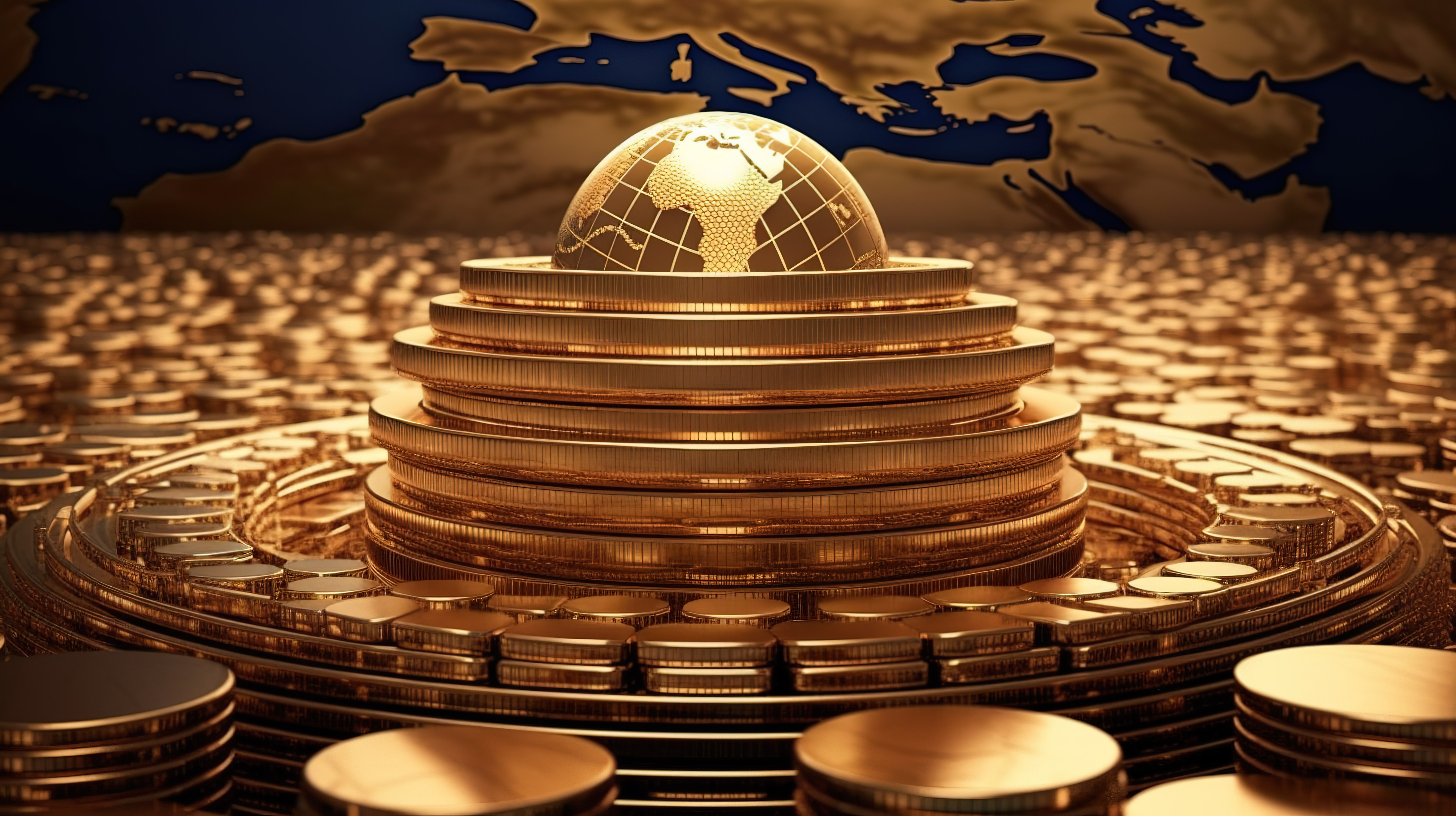 世俗财富 NASA 的 3D 渲染地球仪，上面有一堆金币，象征着全球商机图片