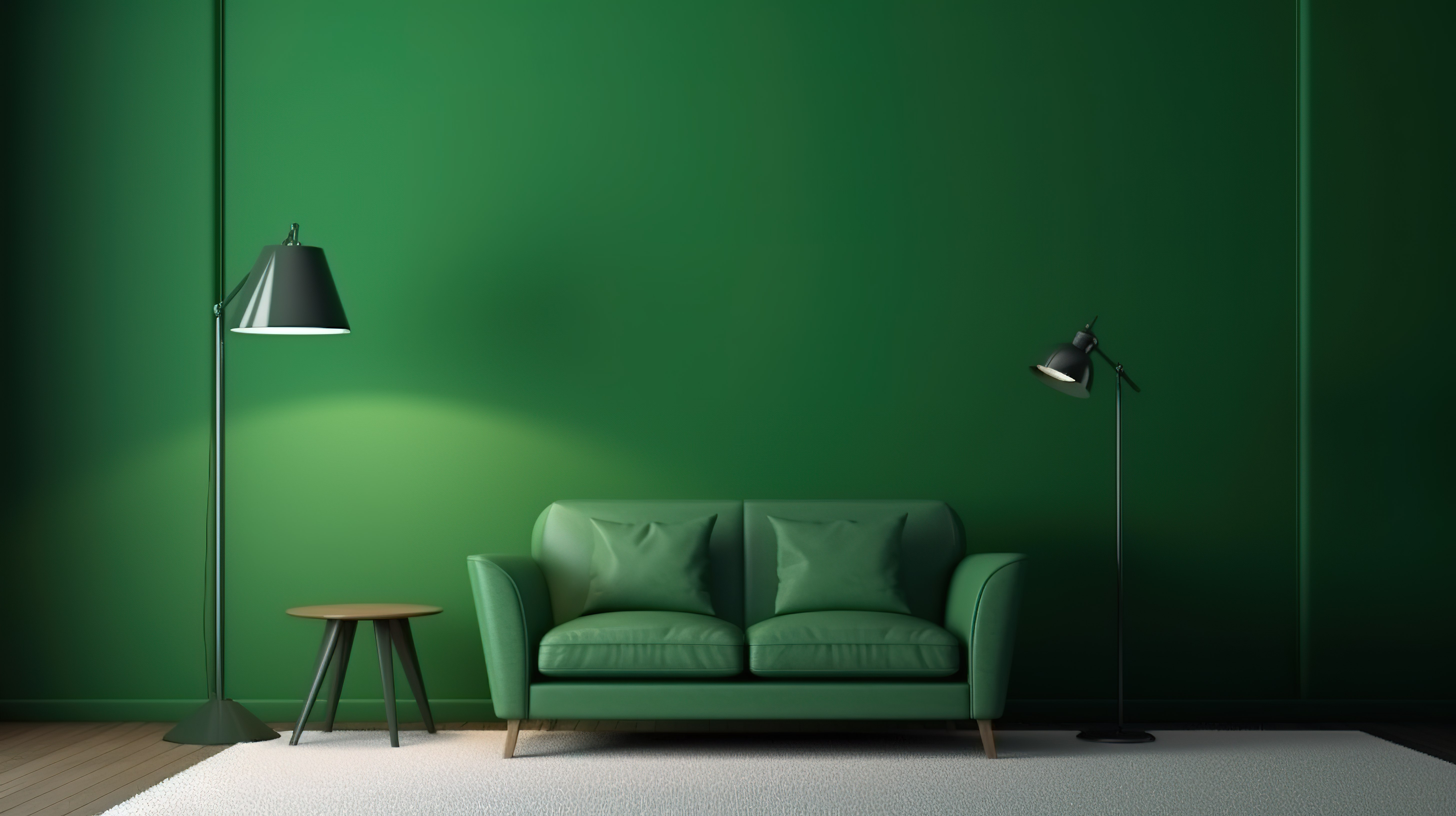 时尚的绿色客厅，采用简约装饰，配有绿色椅子控制台和 3D 渲染的落地灯图片