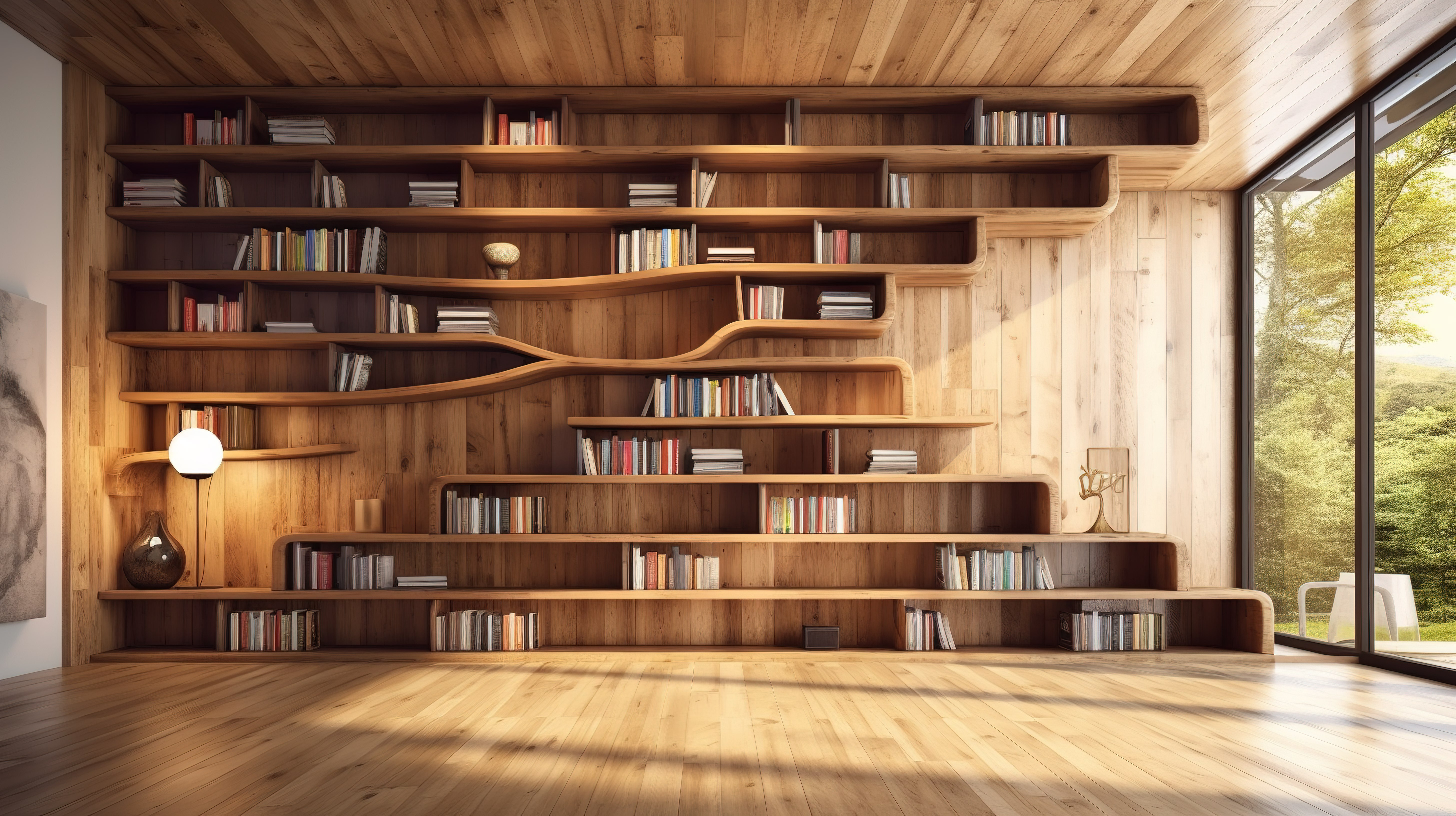 木质镶木地板的真实 3D 渲染和图书馆现代书架设计图片