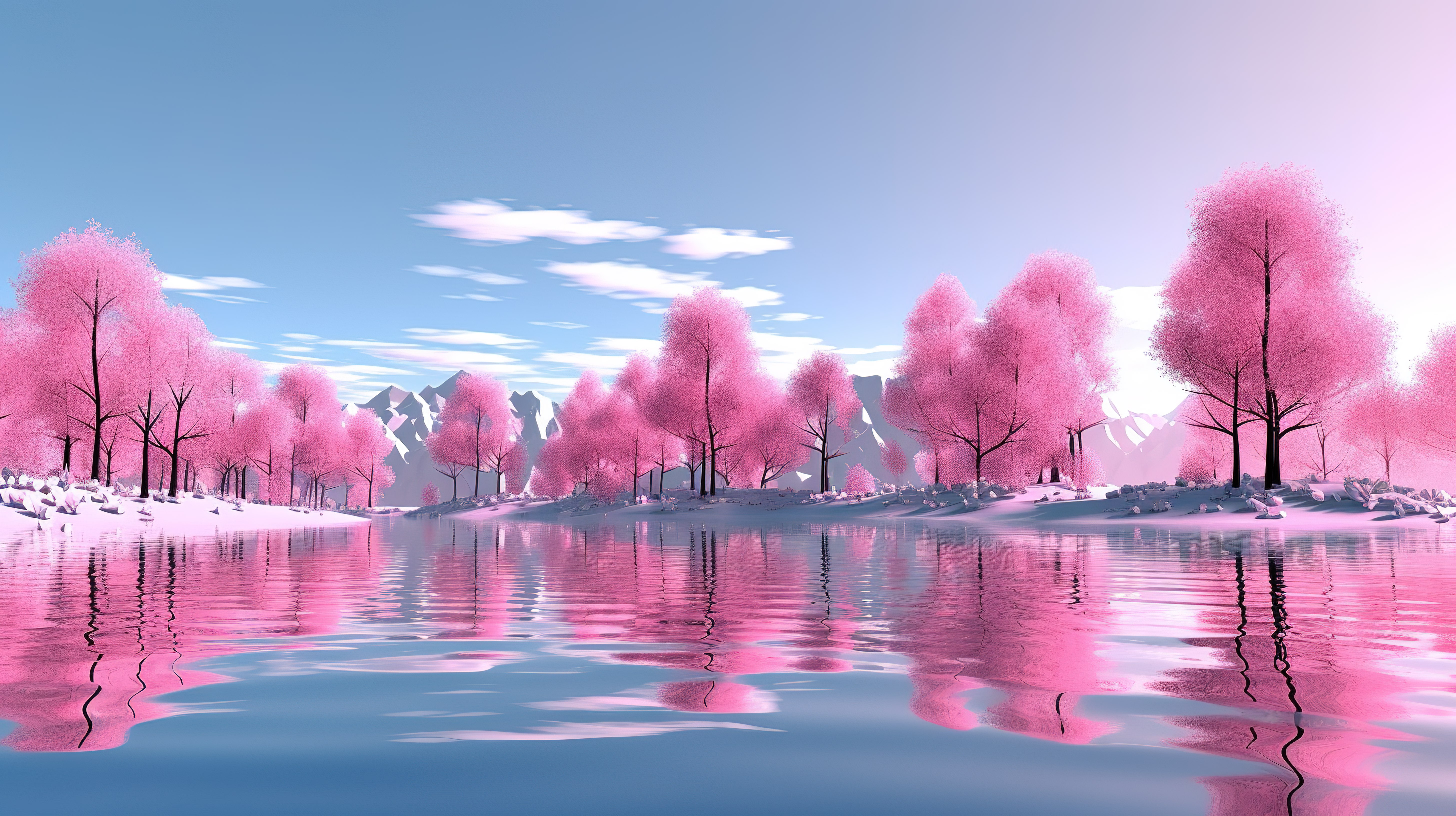 夏日氛围 3D 渲染粉红色的树木和草反射在宁静的湖水中图片
