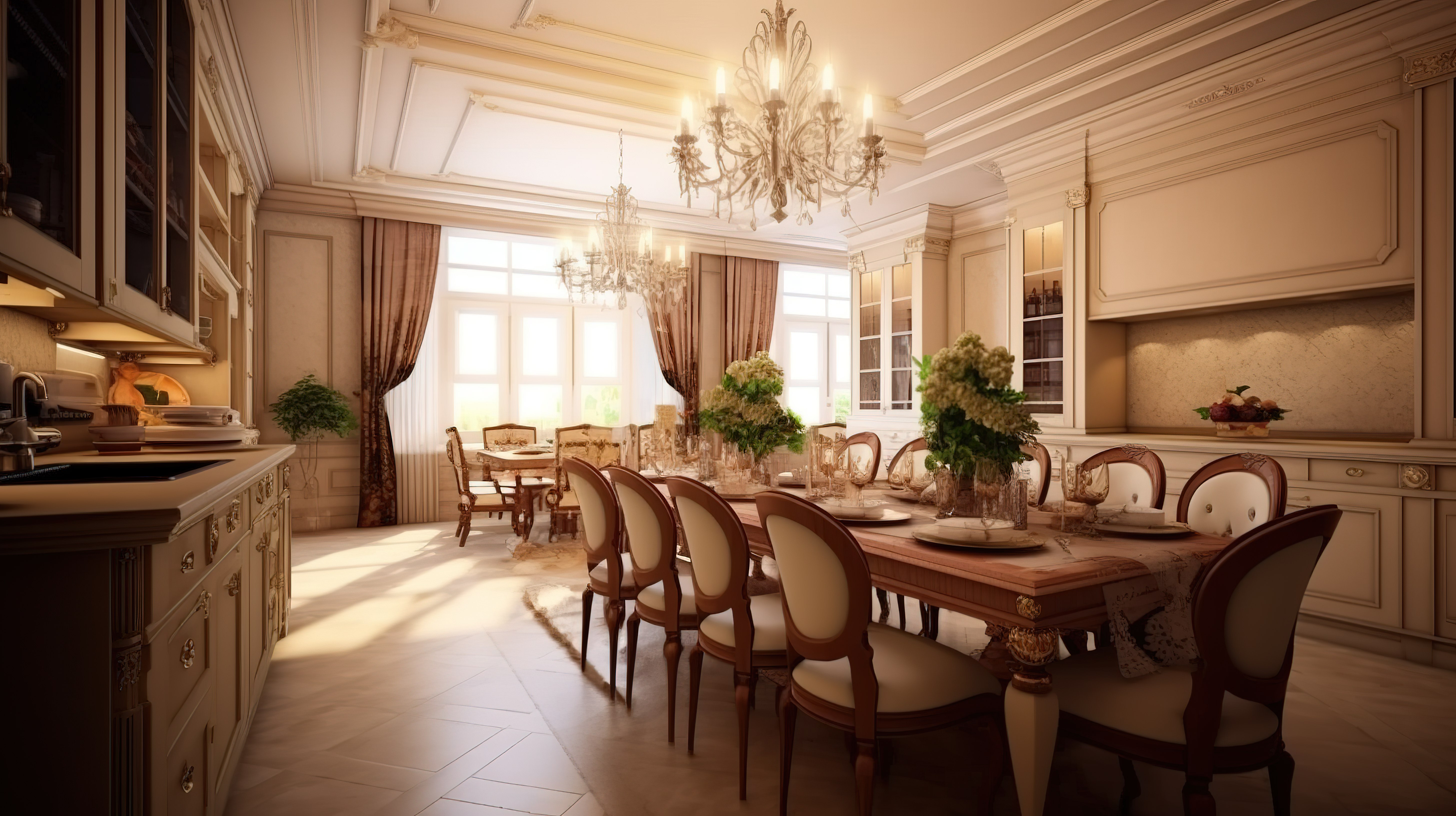 高端传统餐厅和厨房内饰，配有棕色家具和优雅的吊灯 3D 渲染图片