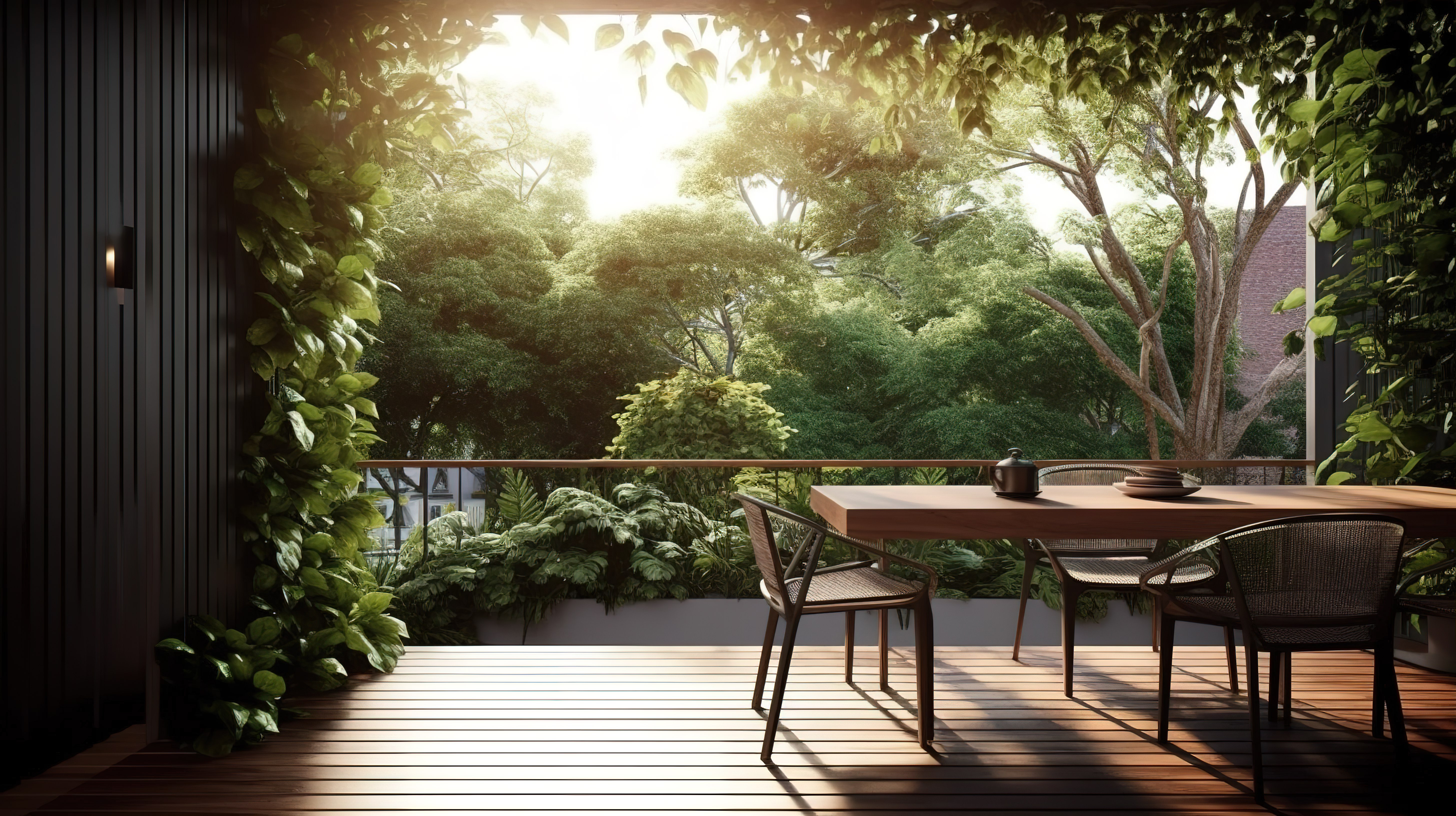 时尚的户外露台餐桌，拥有令人惊叹的自然背景 3D 渲染图像图片