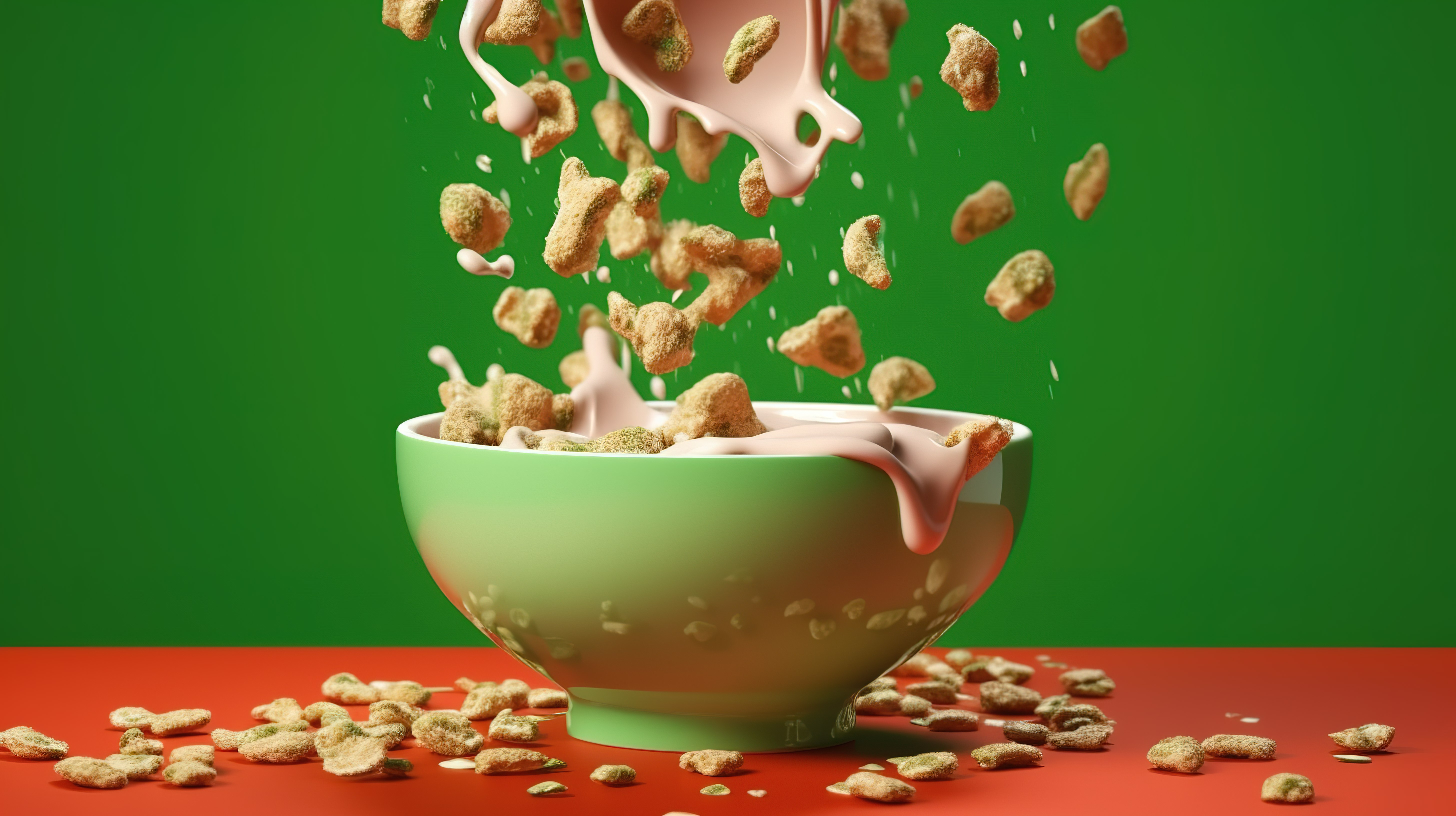 绿色陶瓷碗，里面装满牛奶和柔和的谷物，在通过 3D 技术创建的充满活力的红色背景上爆裂和散落图片