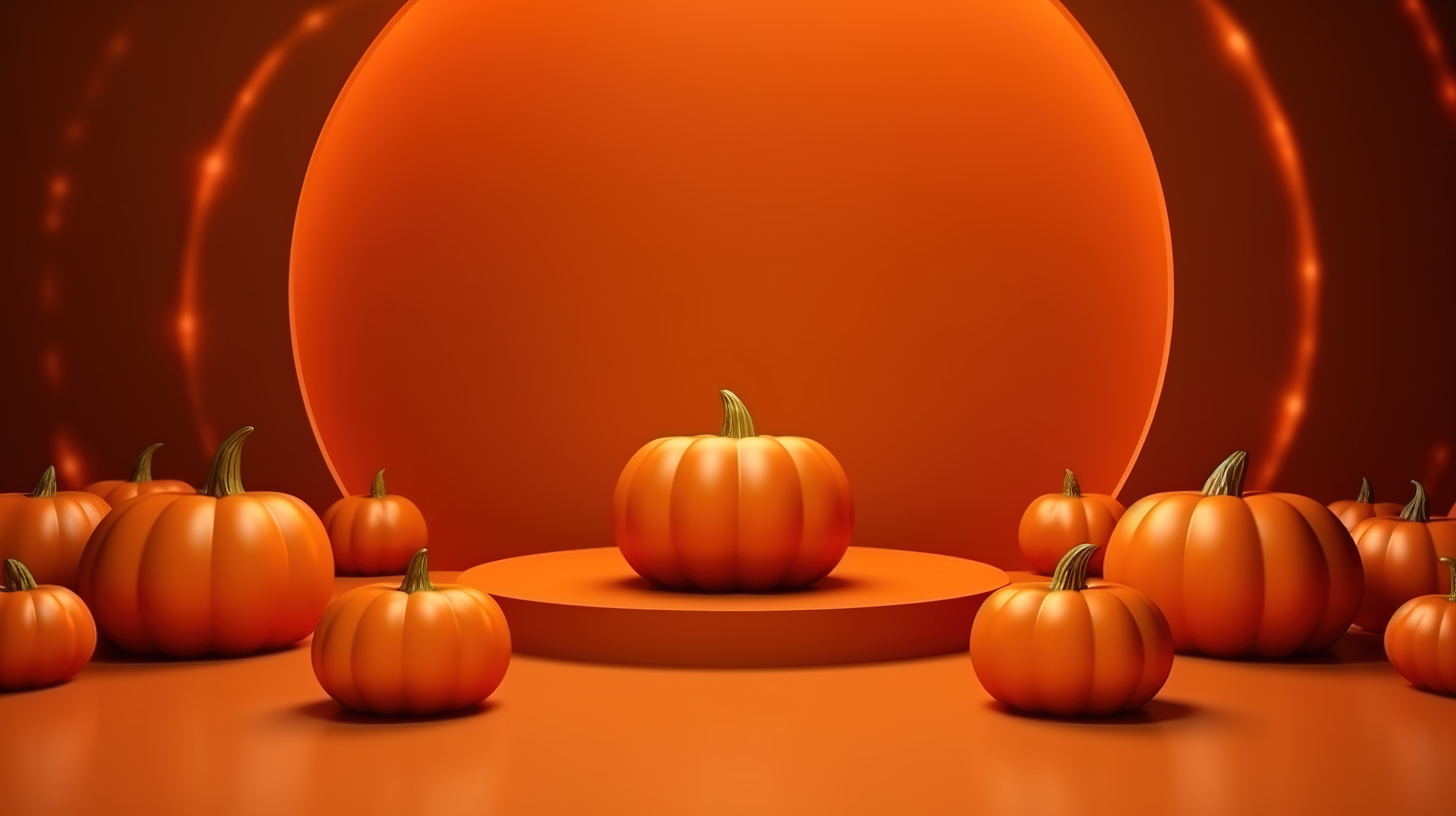 怪异的万圣节样机橙色 3D 产品讲台展示和令人毛骨悚然的背景中的南瓜图片