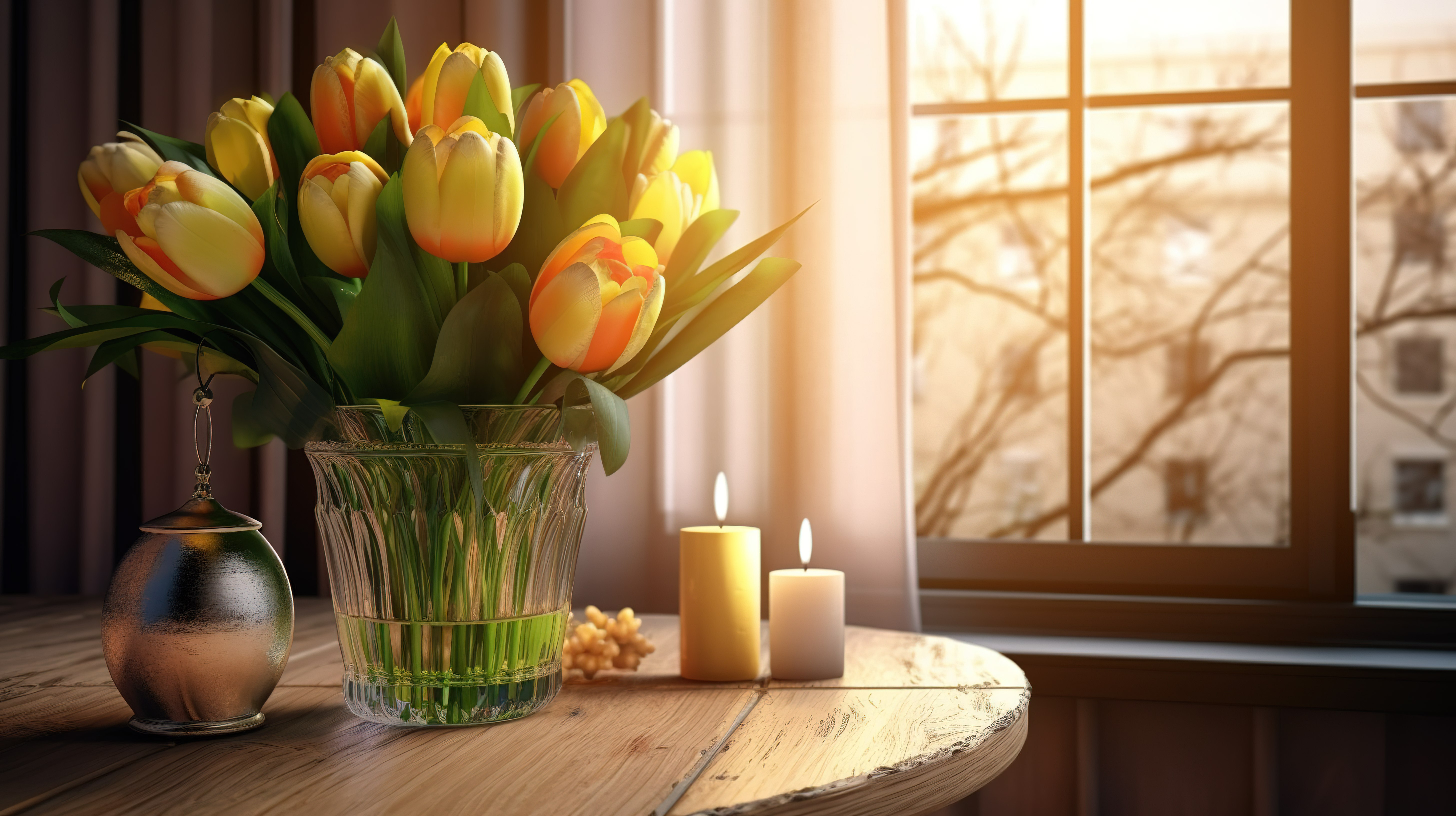 室内空间用花瓶里的郁金香闪闪发光的金蜡烛和质朴的木桌上清爽的柠檬水 3D 渲染增强图片