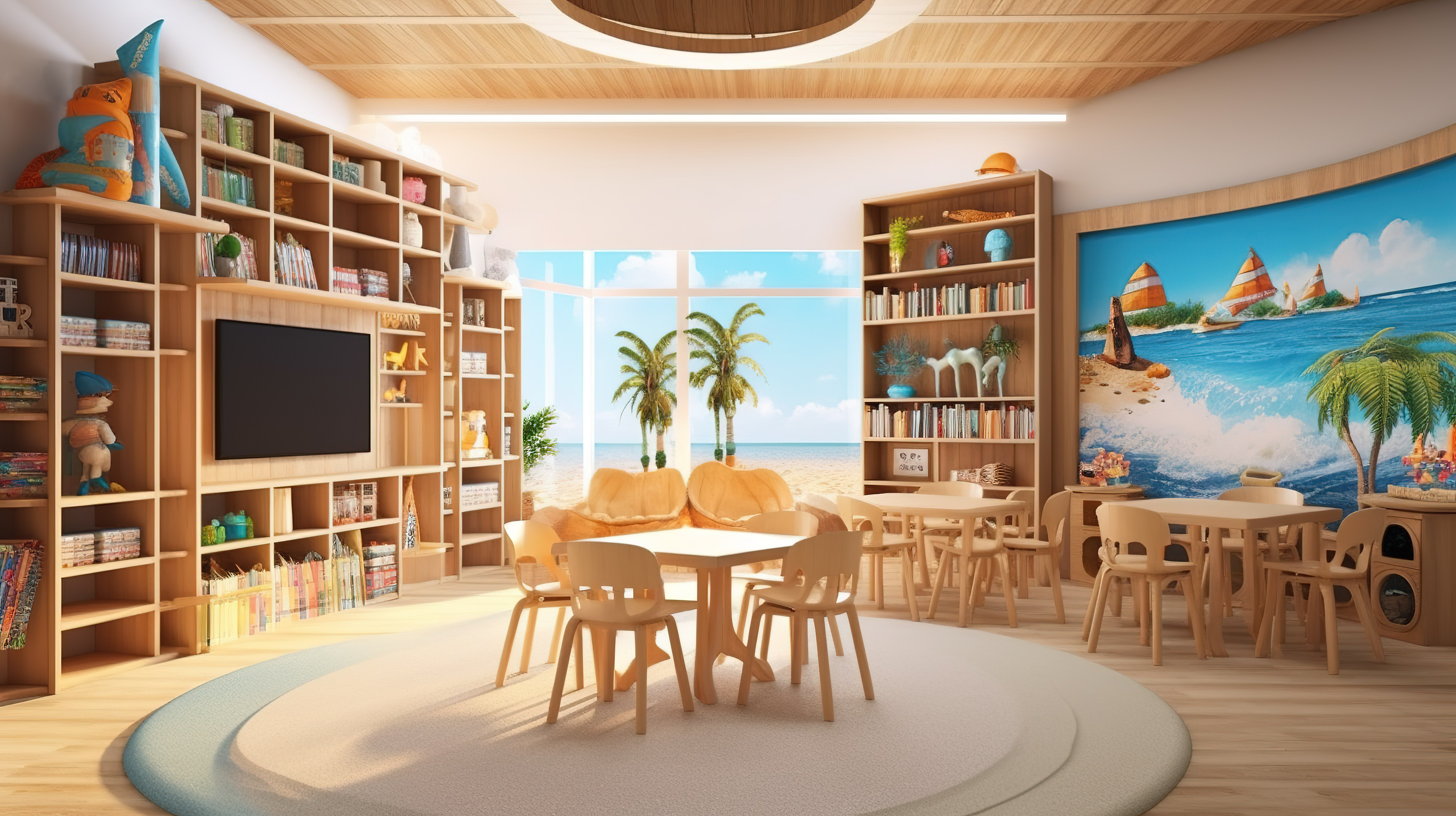 充满活力和俏皮的学校图书馆室内设计的 3D 渲染，以海洋为主题，为学生提供彩色木质元素图片